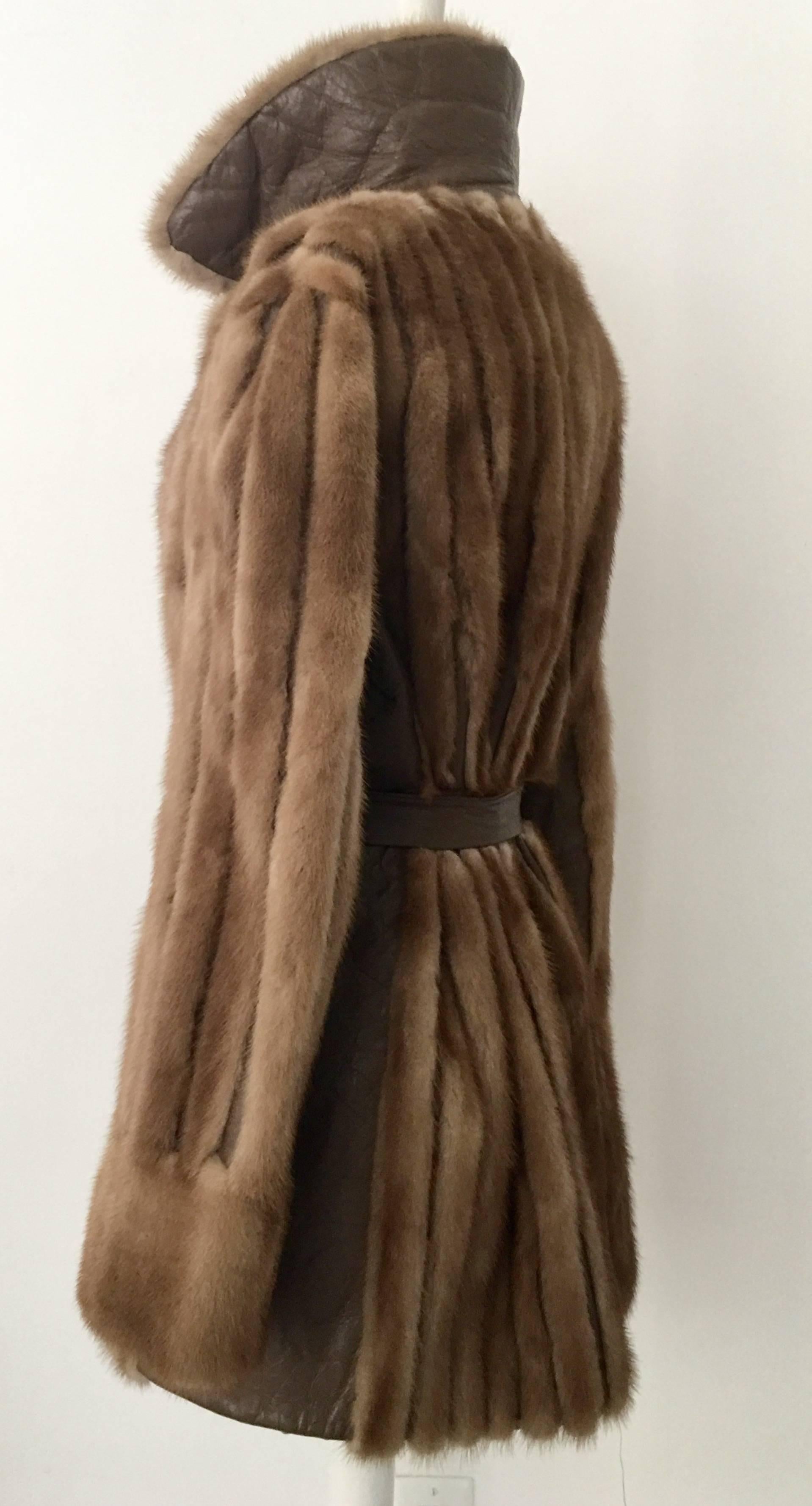 Brown 1970'S MOD Mink & Leather Belted Panel Coat