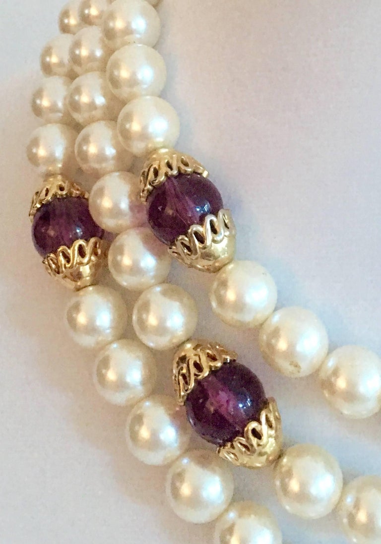 Vintage Napier Triple Strand Pearl and Amethyst Necklace For Sale at
