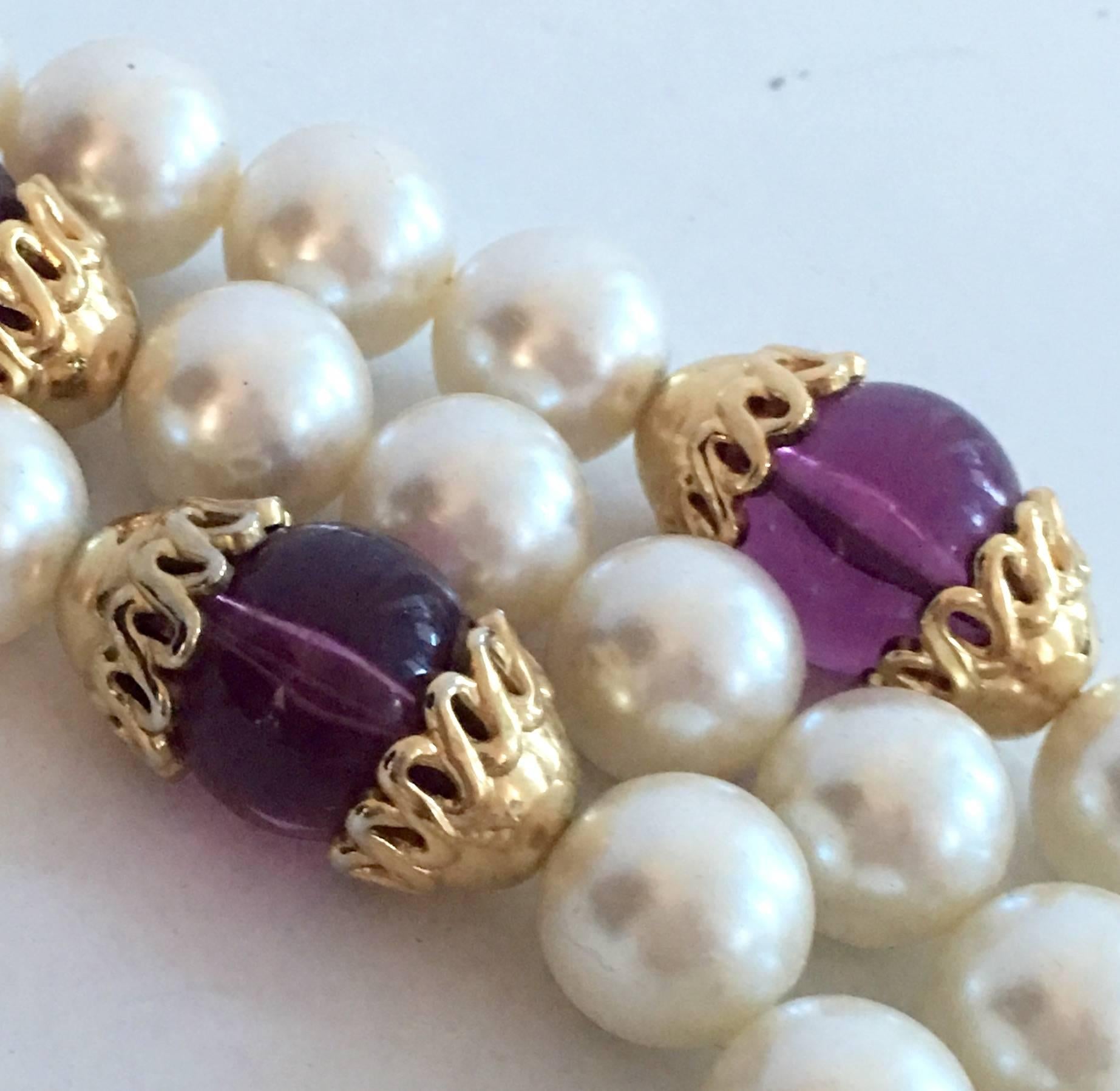 Women's or Men's Vintage Napier Triple Strand Pearl and Amethyst Necklace For Sale