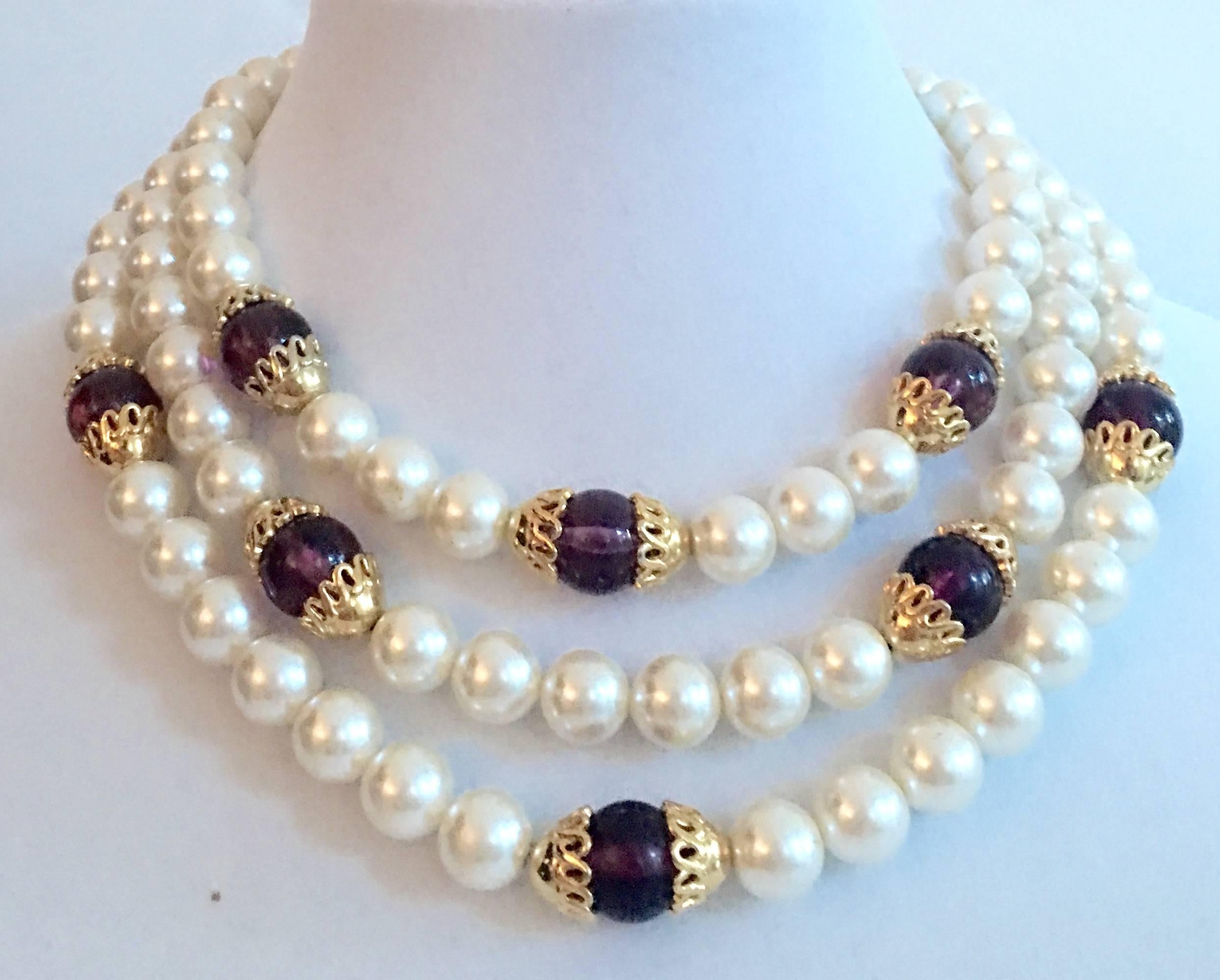 1990'S Napier triple strand faux pearl and amethyst round glass bead with gold tone detail choker necklace by, Napier. Each bead is approximately .50