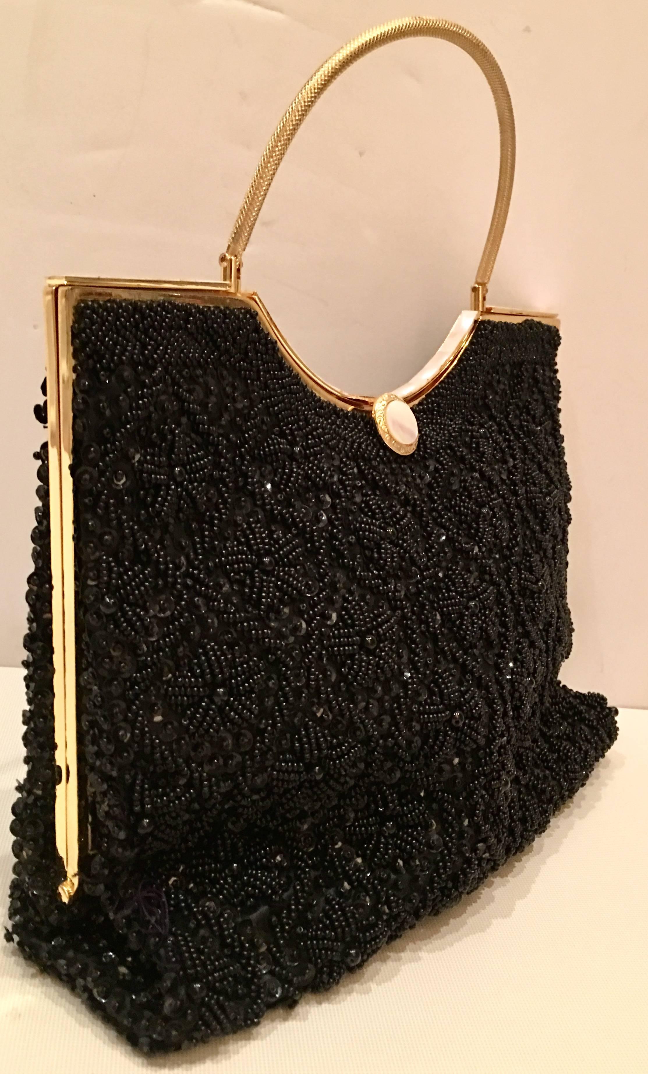 Black 70'S Hand Beaded & Mother Of Pearl Sculptural Ring Hong Kong Handbag