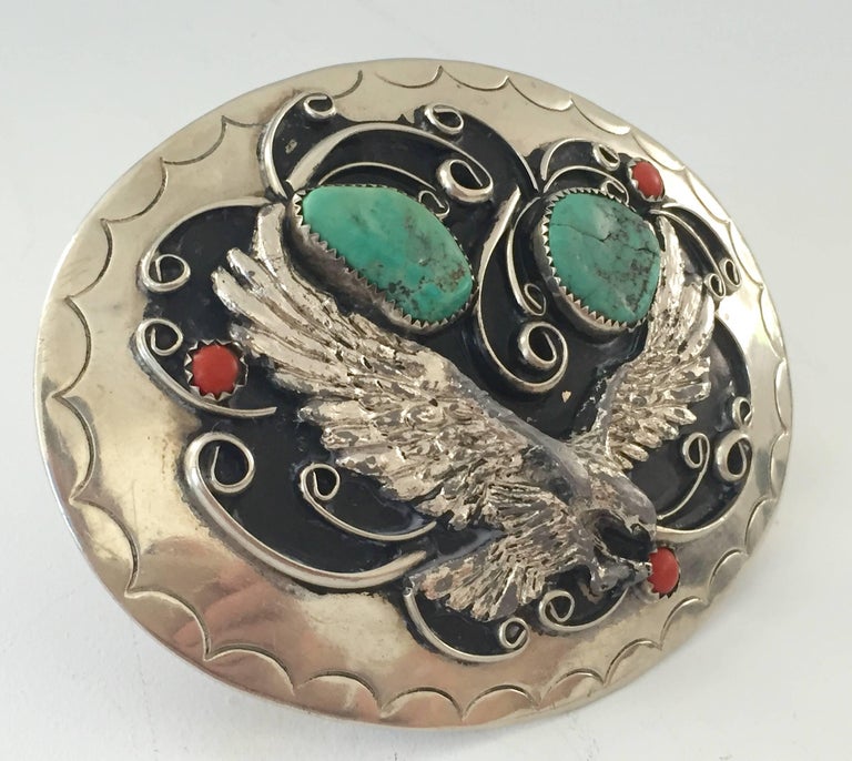 Vintage Navajo Silver Turquoise and Coral Belt Buckle By, Squaw Wrap at ...