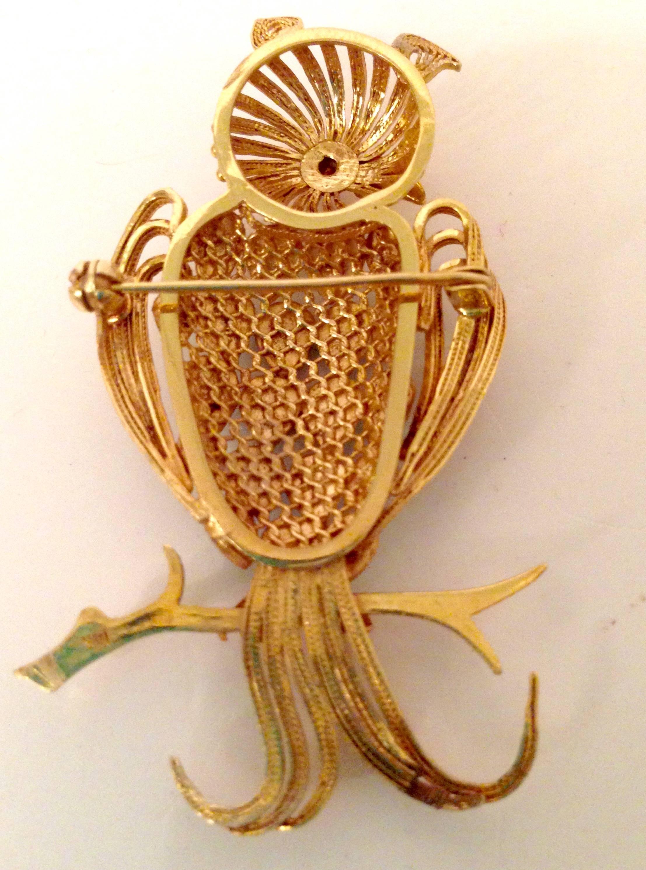 20th Century 14-Karat Gold Turquoise & Ruby Owl Brooch 1