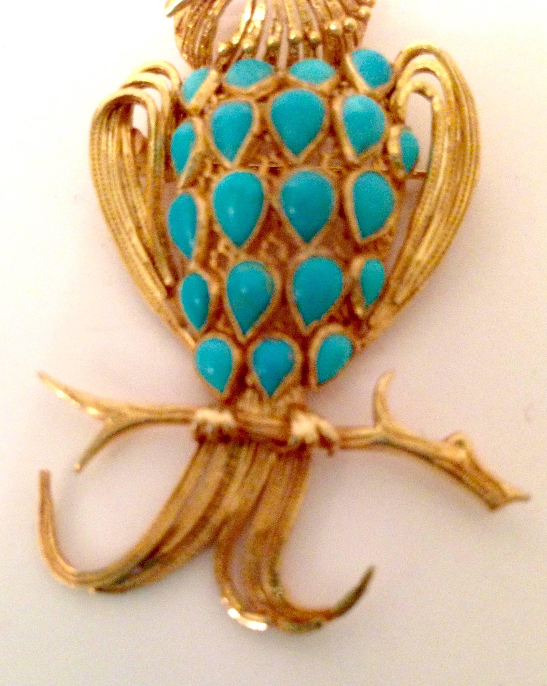 20th Century 14-Karat Gold Turquoise & Ruby Owl Brooch In Good Condition In West Palm Beach, FL