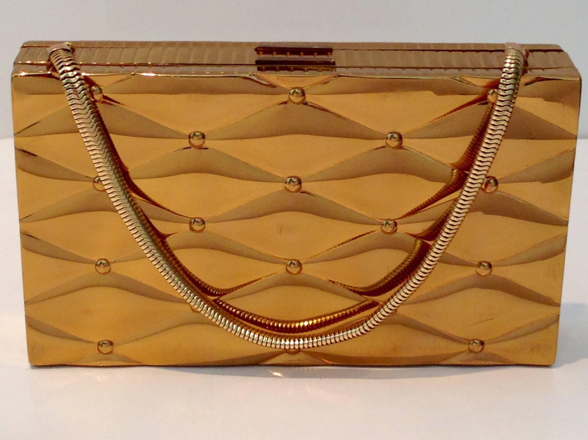 Brown 1940s Gold Guilloche Double Minaudière Case by Evans