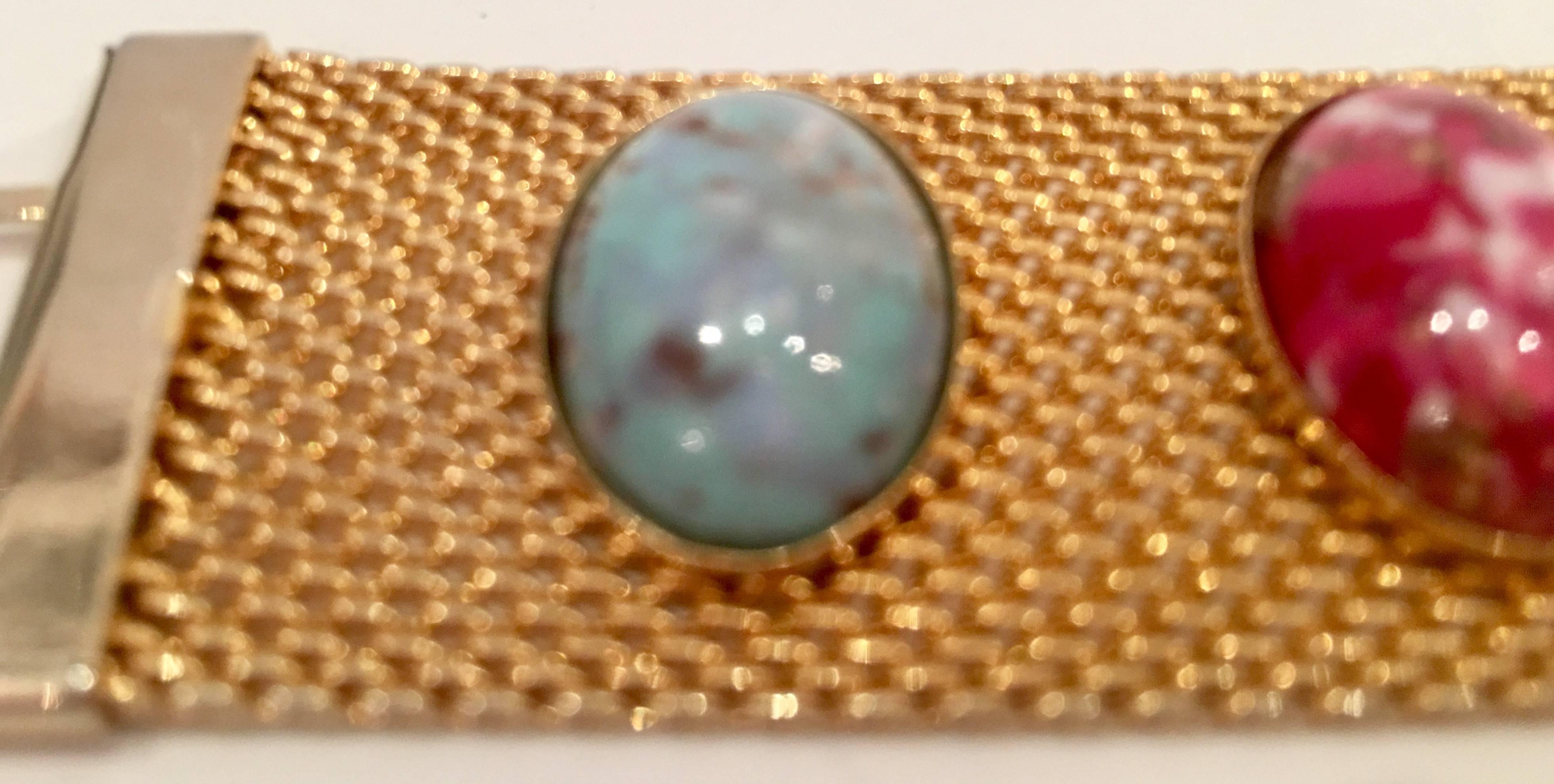 20th Century Gold Metal Mesh & Lucite Cabochon Stone Bracelet By, Coventry 1