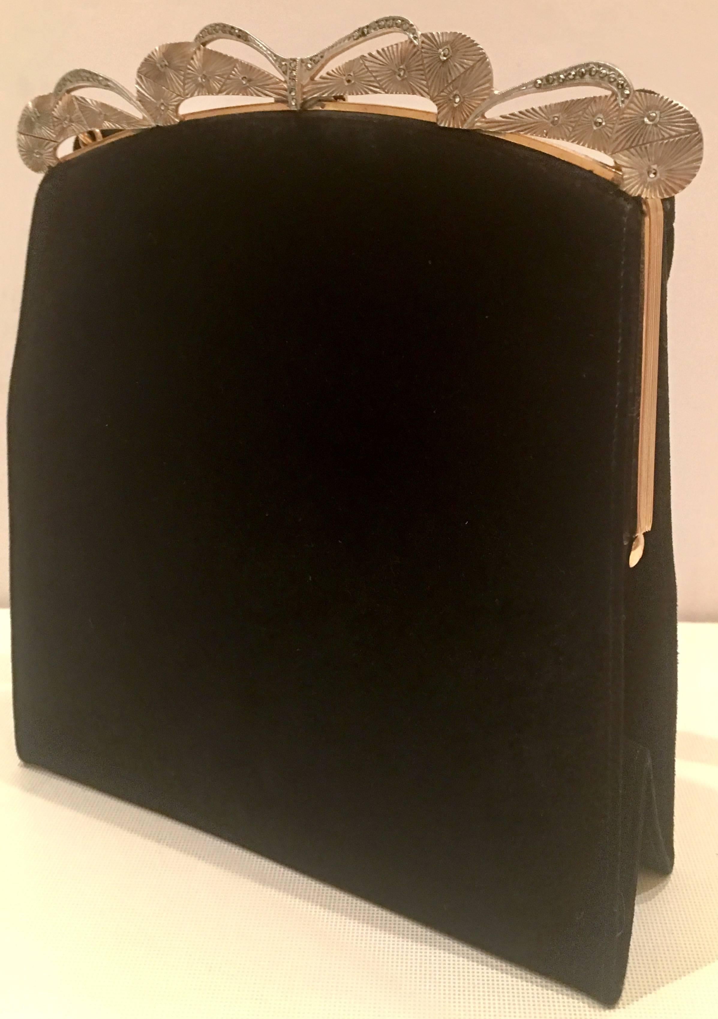 Black Vintage Kid Leather & Silver Marcasite Embellished Hand Bag By, Koret For Sale