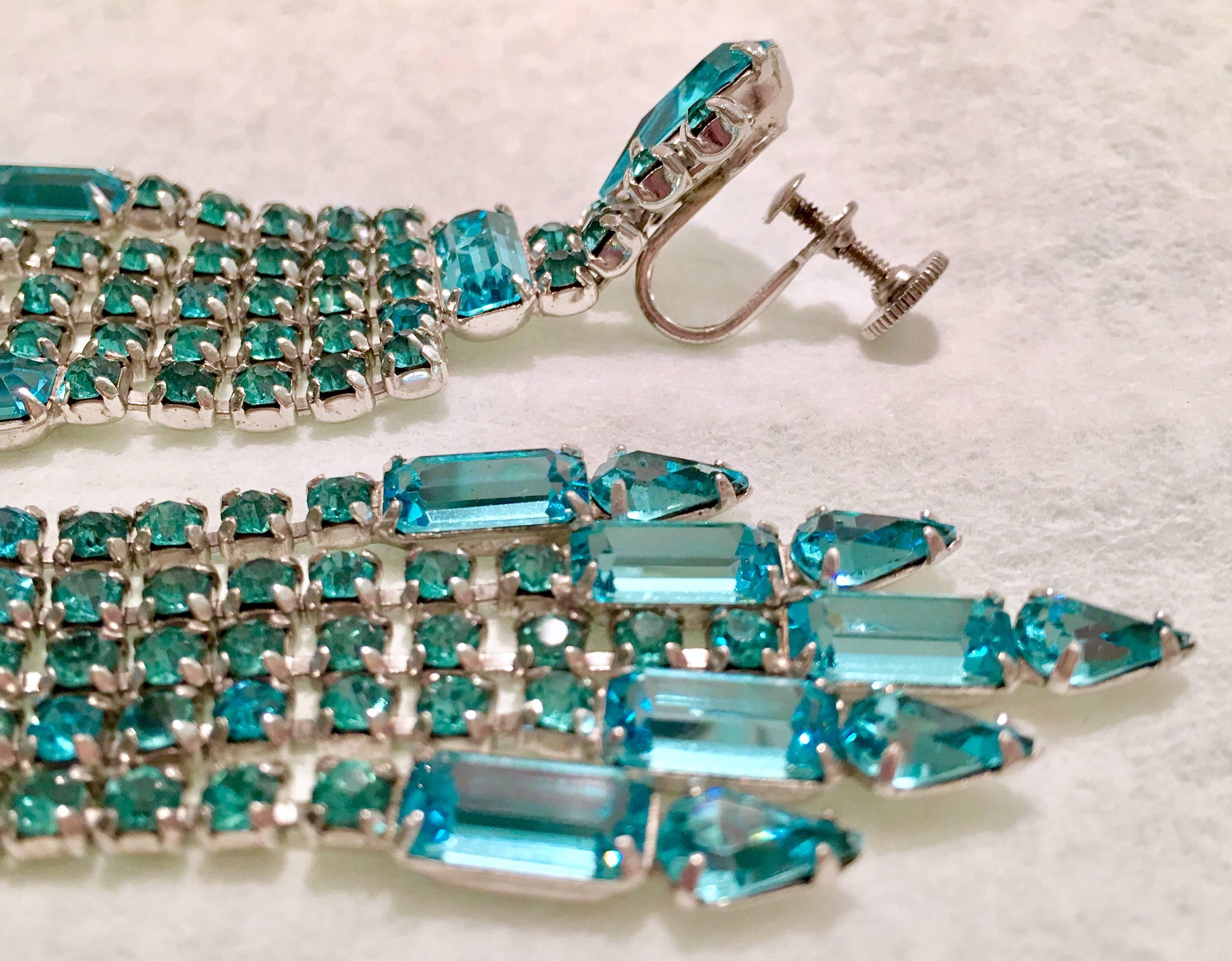 60'S Pair Of Blue Sapphire Crystal Rhinestone Chandelier Earrings 2