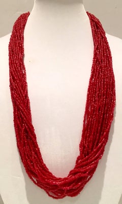 70'S Navajo Style Coral Bead & Sterling bead 30-Strand "Torsade" Long Necklace