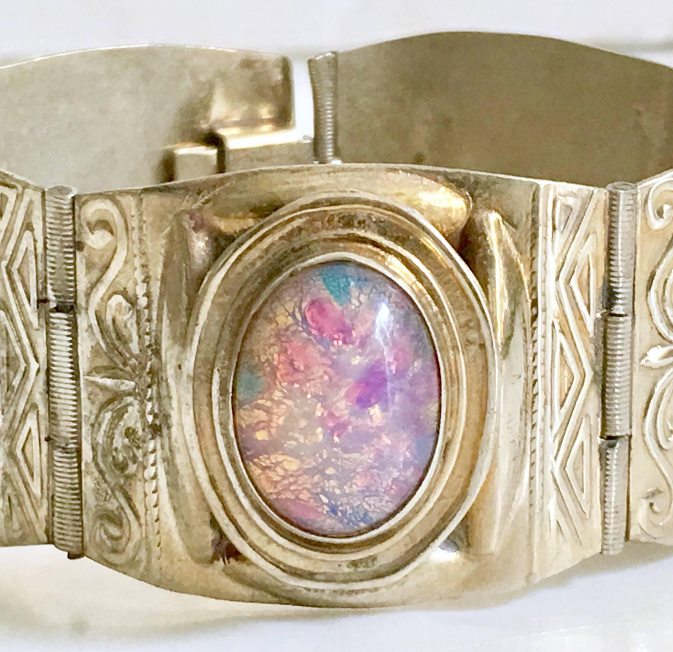 Women's or Men's Midcentury Taxco Sterling and Fire Opal Art Glass Panel Bracelet-Signed