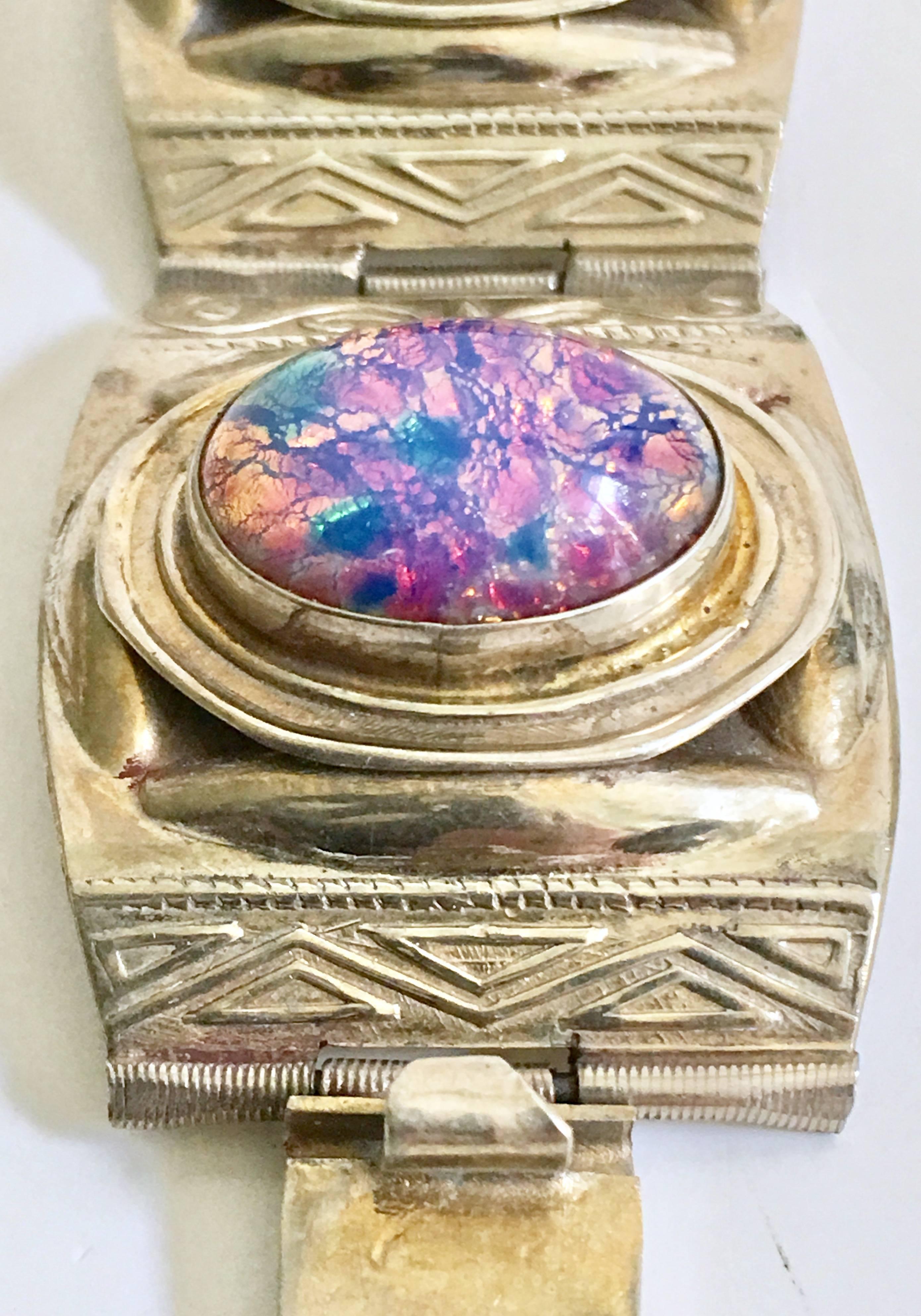 Midcentury Taxco Sterling and Fire Opal Art Glass Panel Bracelet-Signed 1
