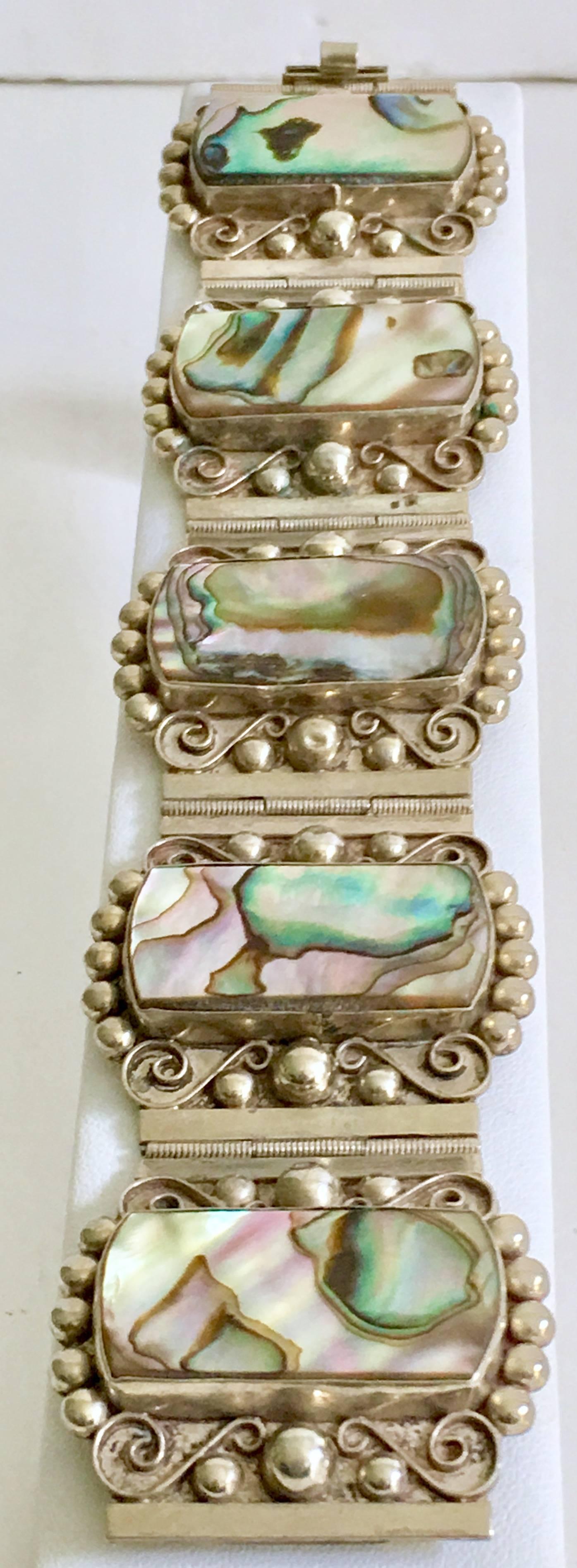 Vintage Sterling & Abaolone Shell Panel Bracelet-Mexico In Excellent Condition In West Palm Beach, FL