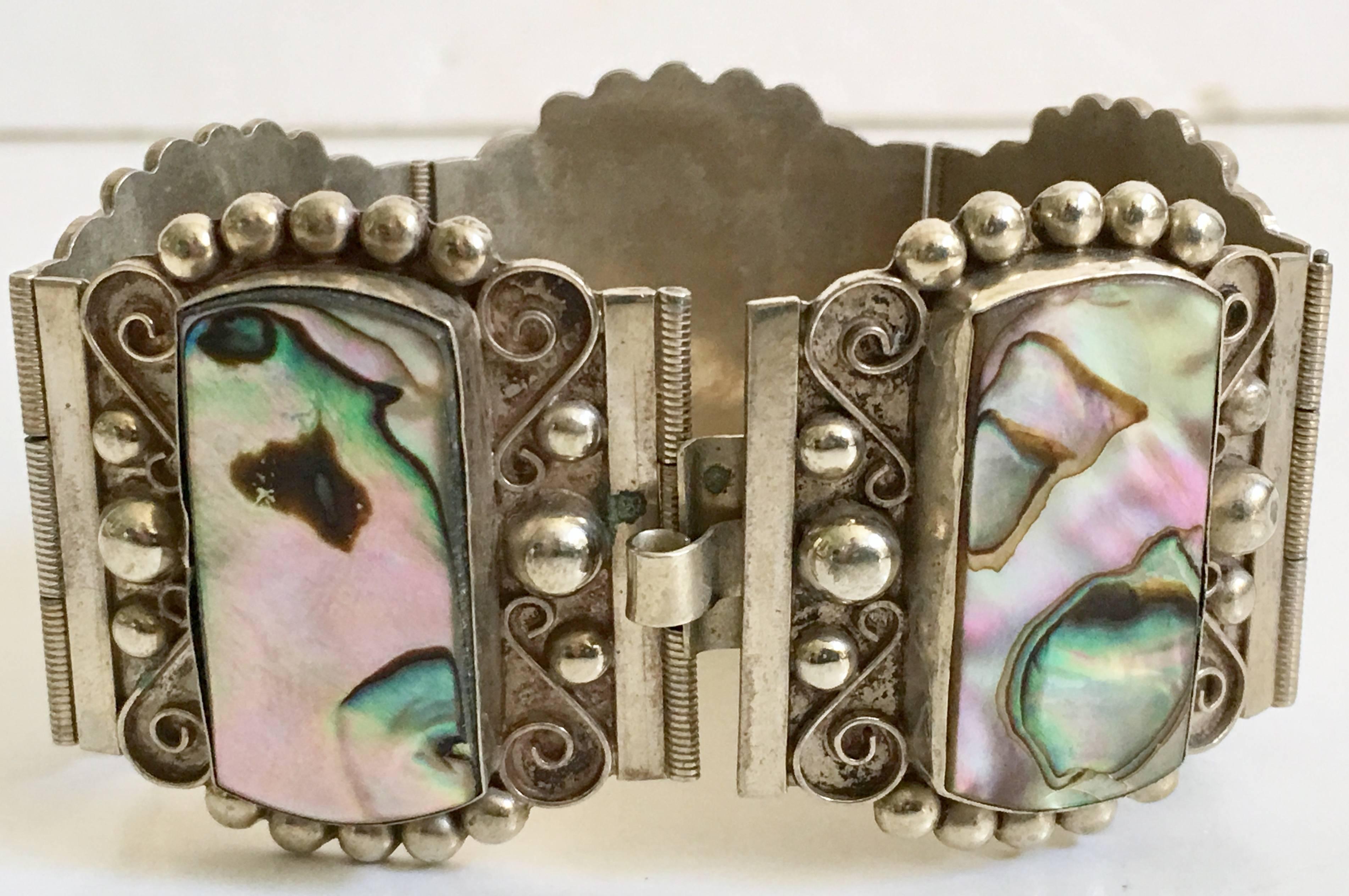 Women's or Men's Vintage Sterling & Abaolone Shell Panel Bracelet-Mexico