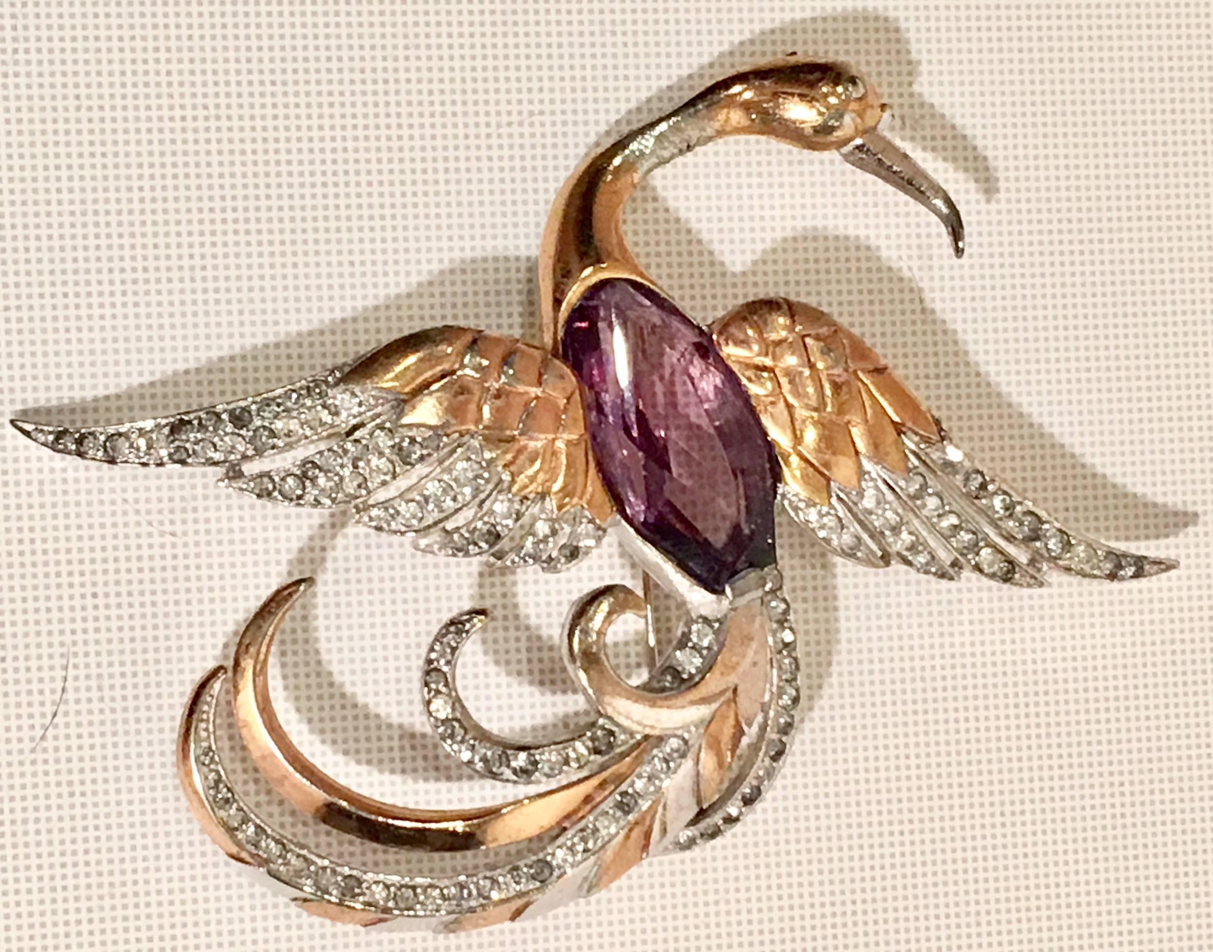 20th Century Monumental two-tone gold and silver plate over brass phoenix bird brooch.This 4.5