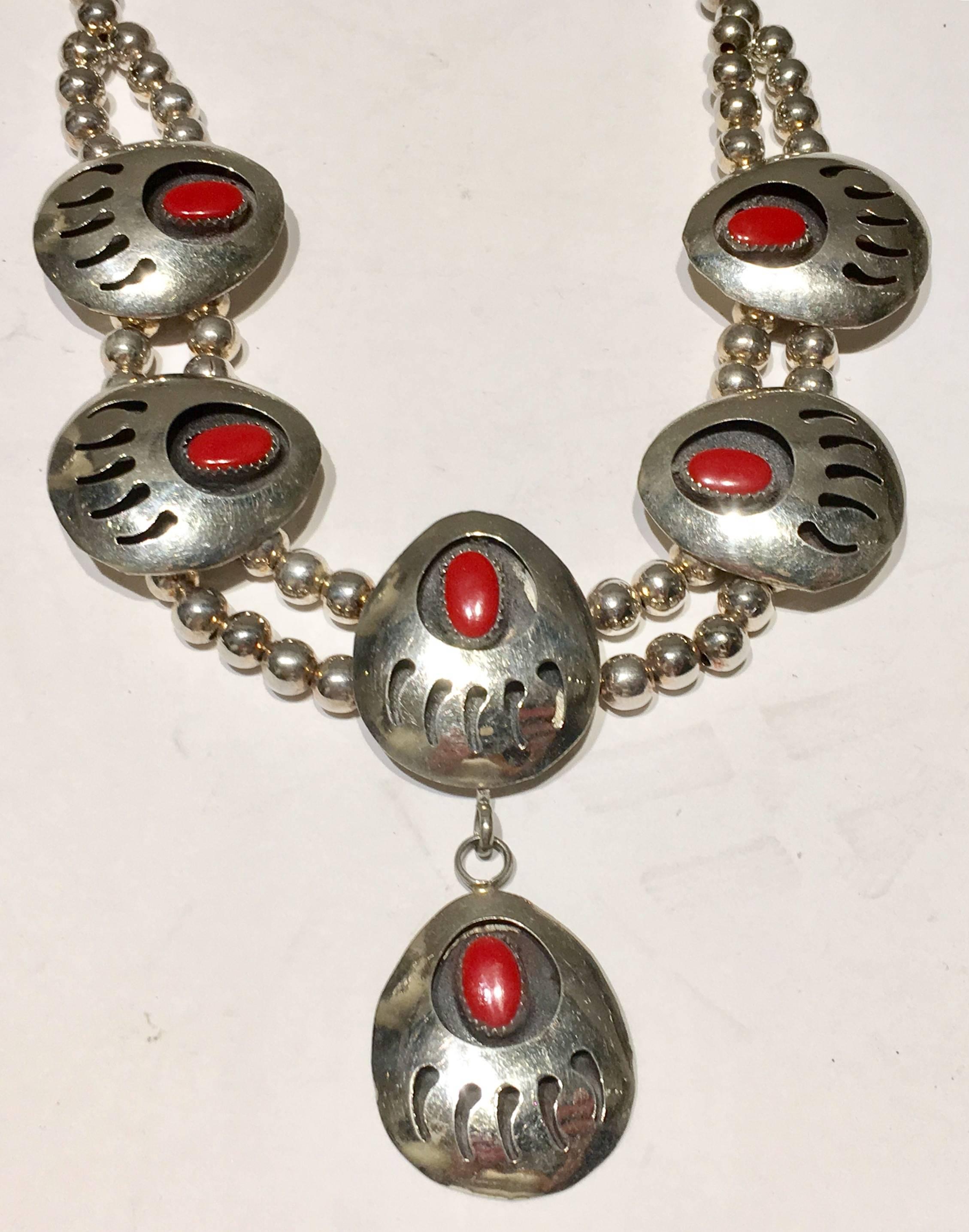Vintage Native American Style Sterling & Coral Squash Blossom Necklace In Excellent Condition In West Palm Beach, FL