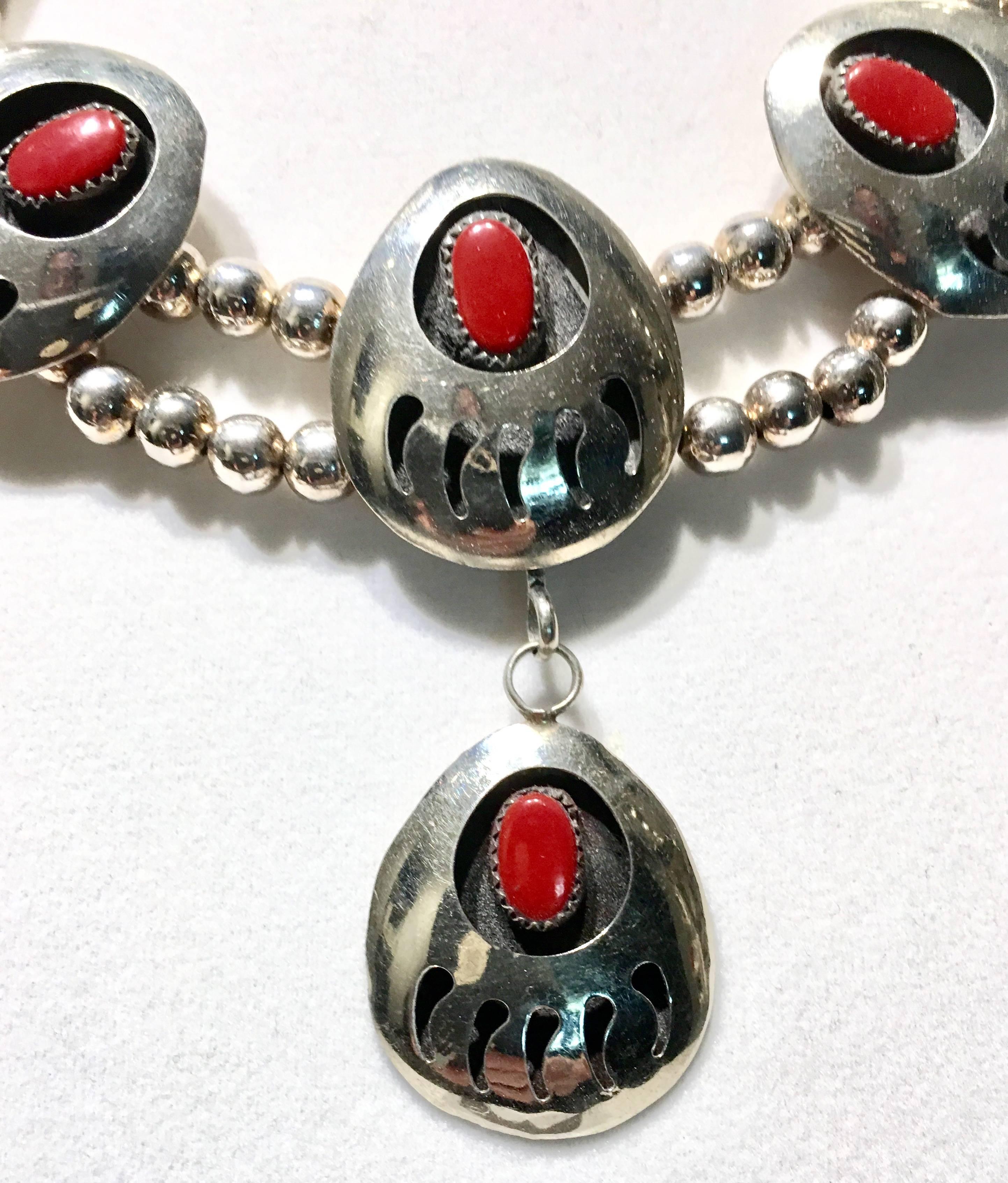 Women's or Men's Vintage Native American Style Sterling & Coral Squash Blossom Necklace