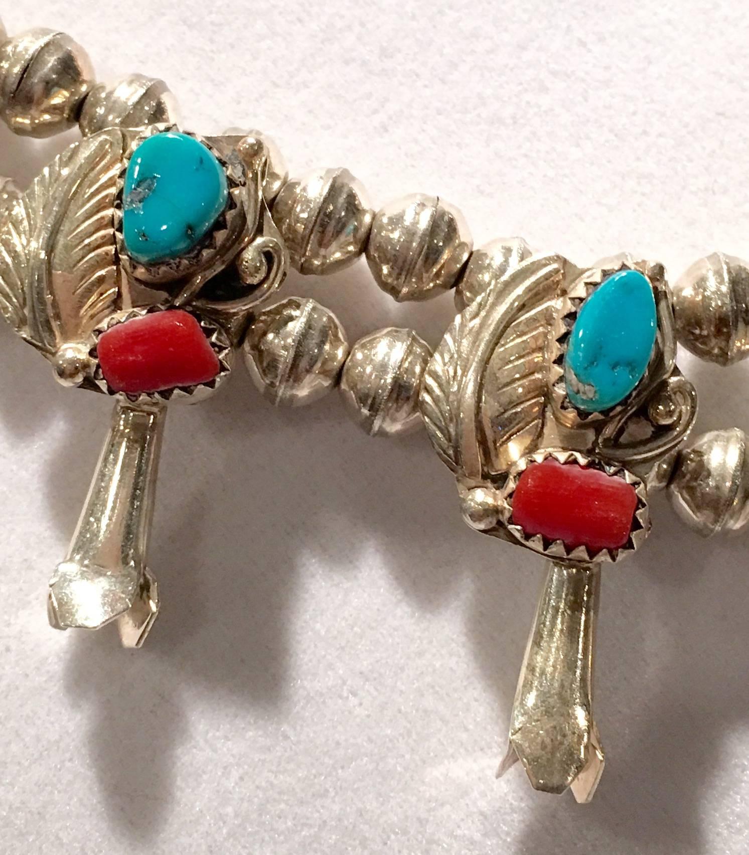 Native American Vintage Navajo Sterling Turquoise & Coral Squash Blossom Necklace