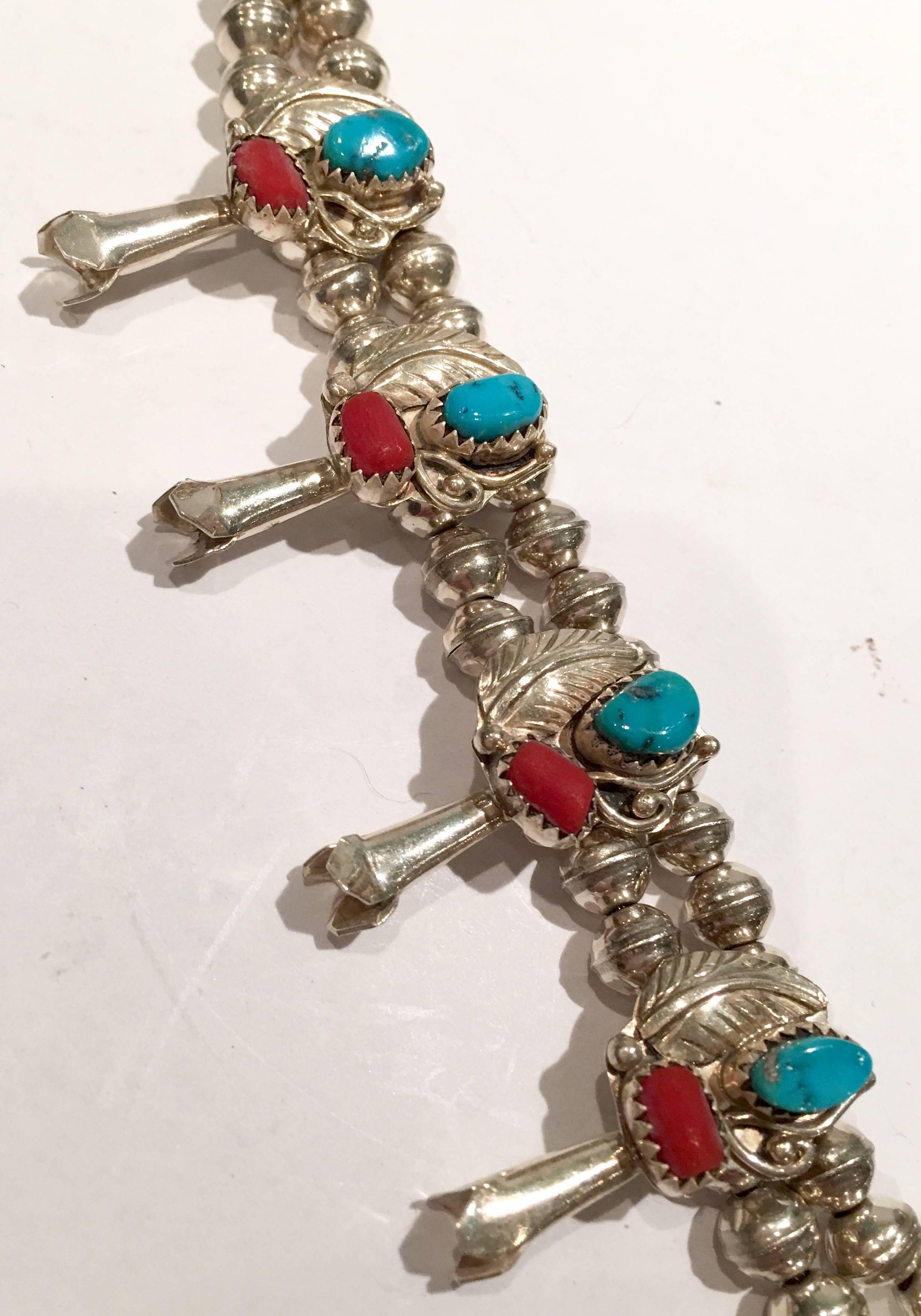 Vintage Navajo Sterling Turquoise & Coral Squash Blossom Necklace In Excellent Condition In West Palm Beach, FL