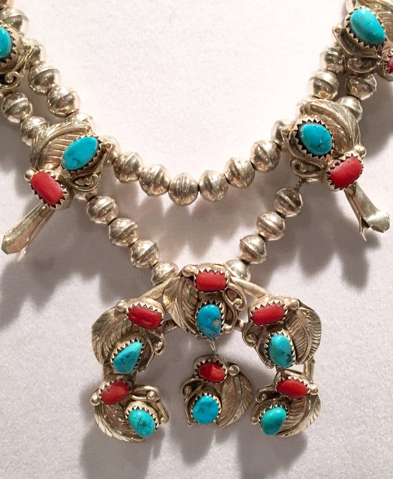 Vintage Navajo Sterling Turquoise and Coral Squash Blossom Necklace at