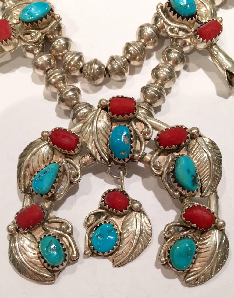 Vintage Navajo Sterling Turquoise and Coral Squash Blossom Necklace at 1stDibs turquoise and