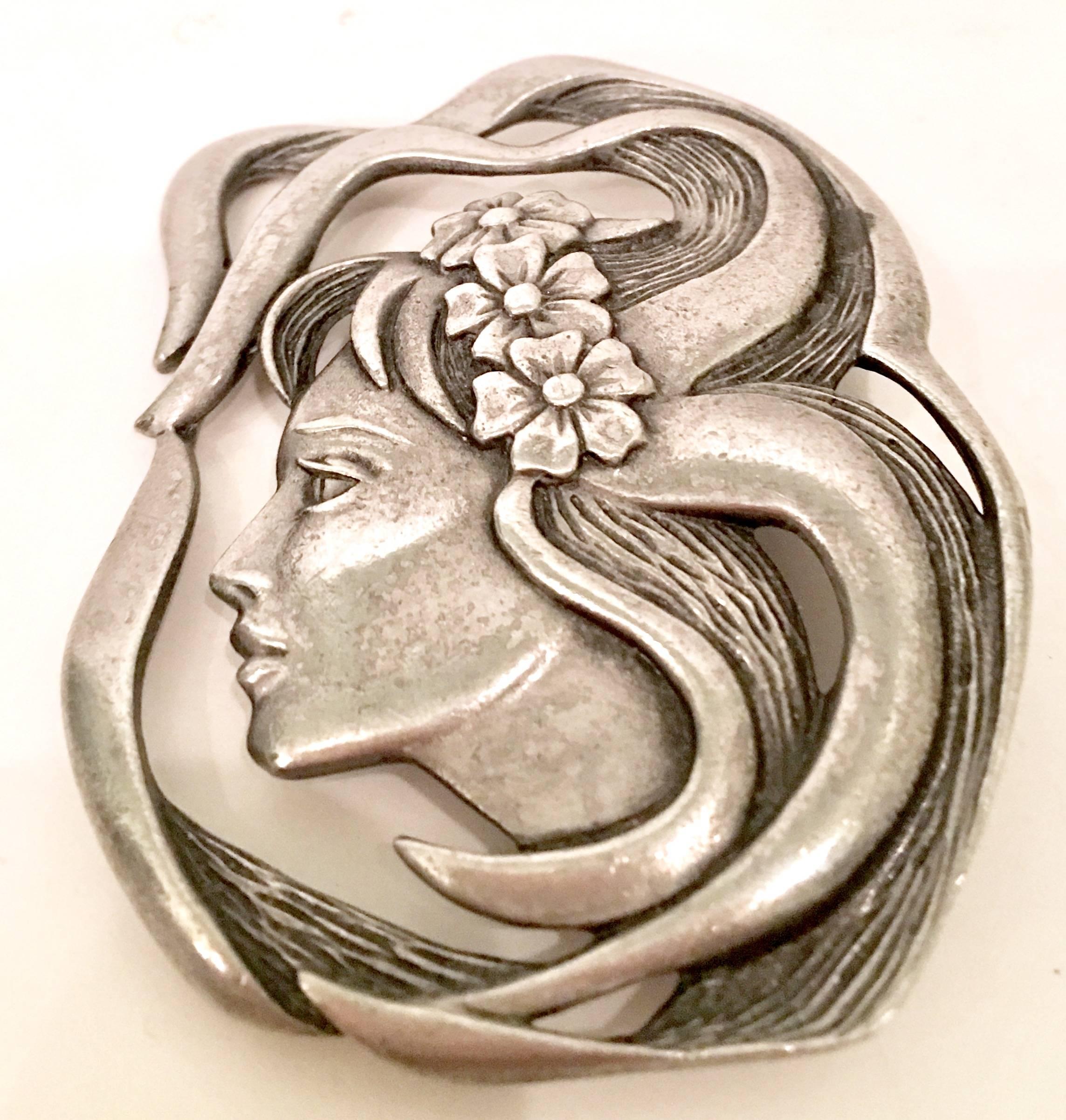 Vintage Silver Pewter Art Nouveau Style Lady with Flowers In Her Hair Brooch Signed, JJ.
