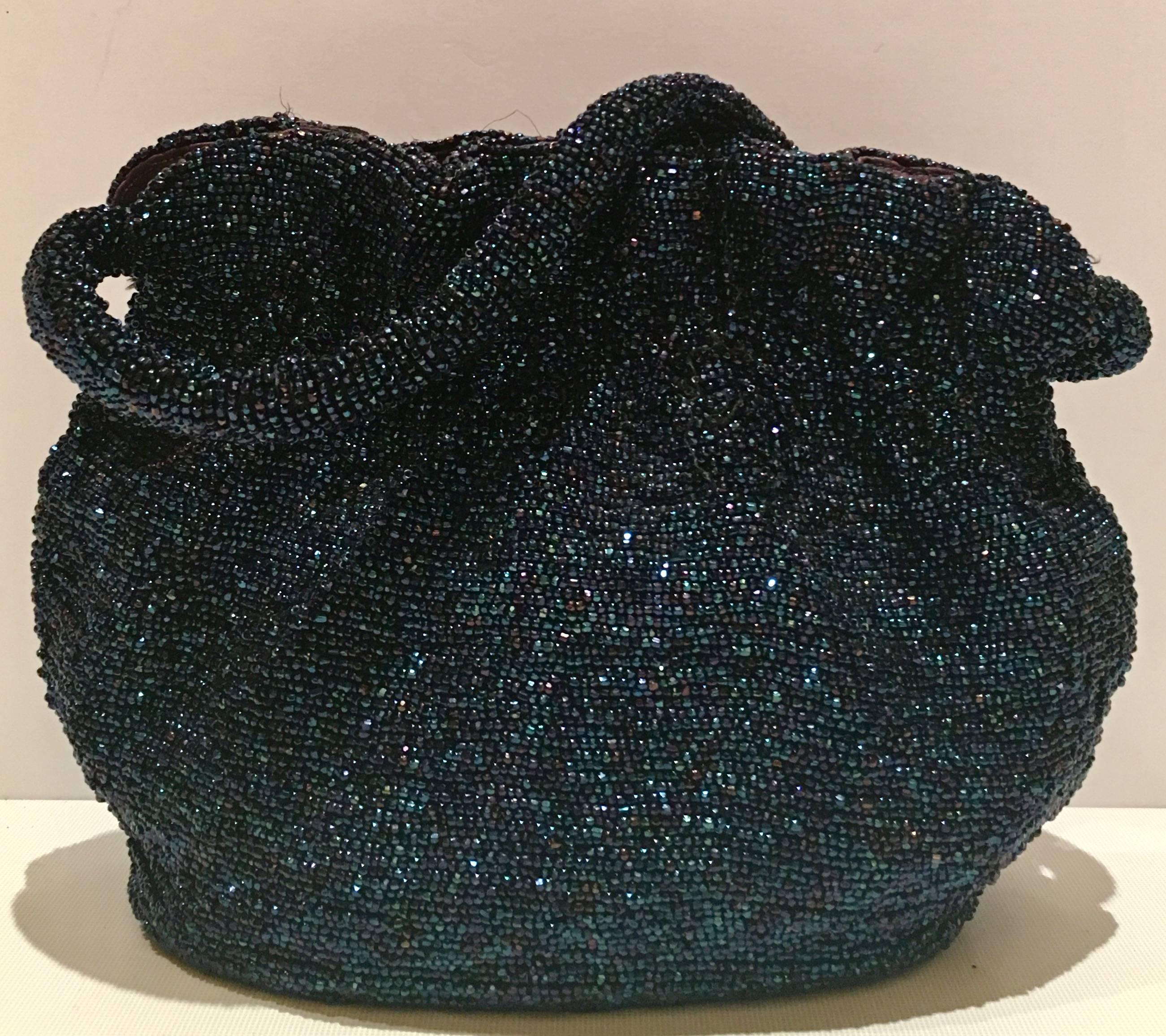 1940'S Beaded Art Glass Iredescent Peacock Blue Hand Bag In Excellent Condition In West Palm Beach, FL