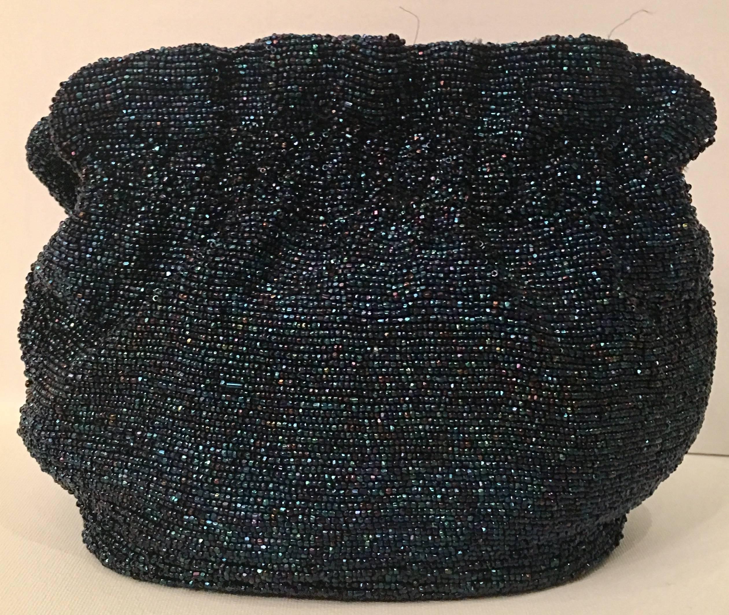 Women's or Men's 1940'S Beaded Art Glass Iredescent Peacock Blue Hand Bag