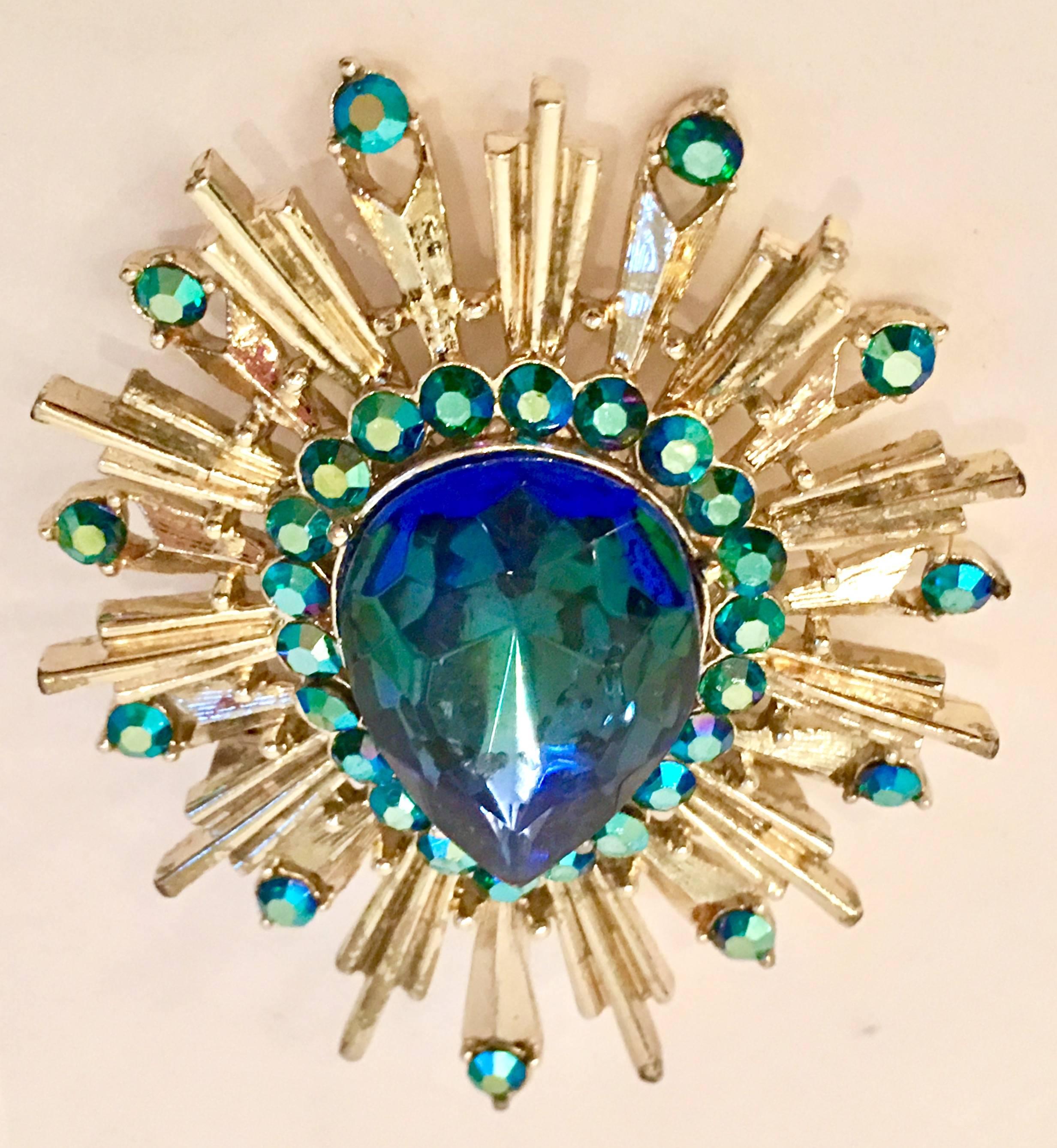 Women's or Men's Art Deco Style Gold & Blue Sapphite Austrian Crystal Starburst Brooch & Slide