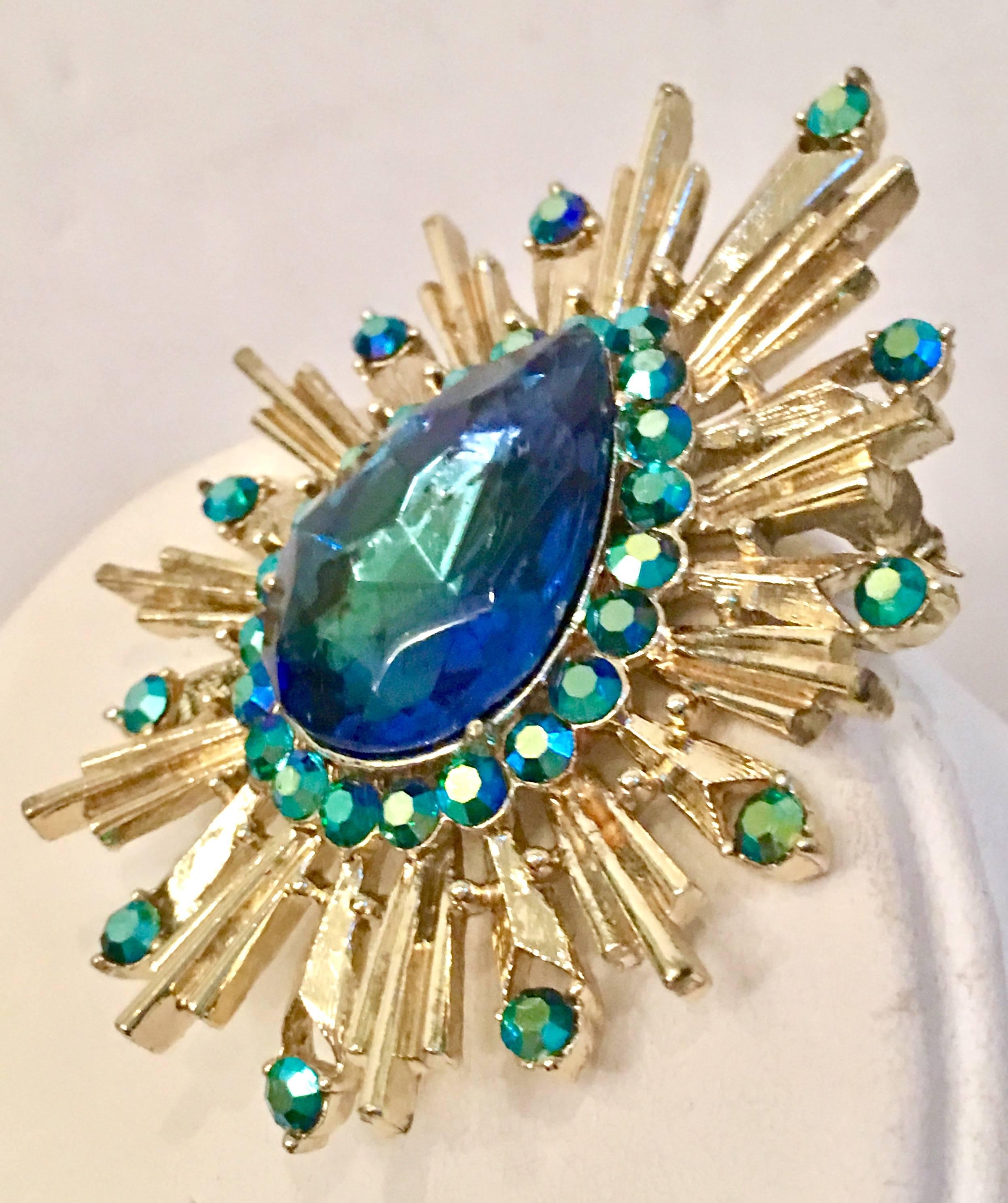 Art Deco Style Gold & Blue Sapphite Austrian Crystal Starburst Brooch & Slide 1