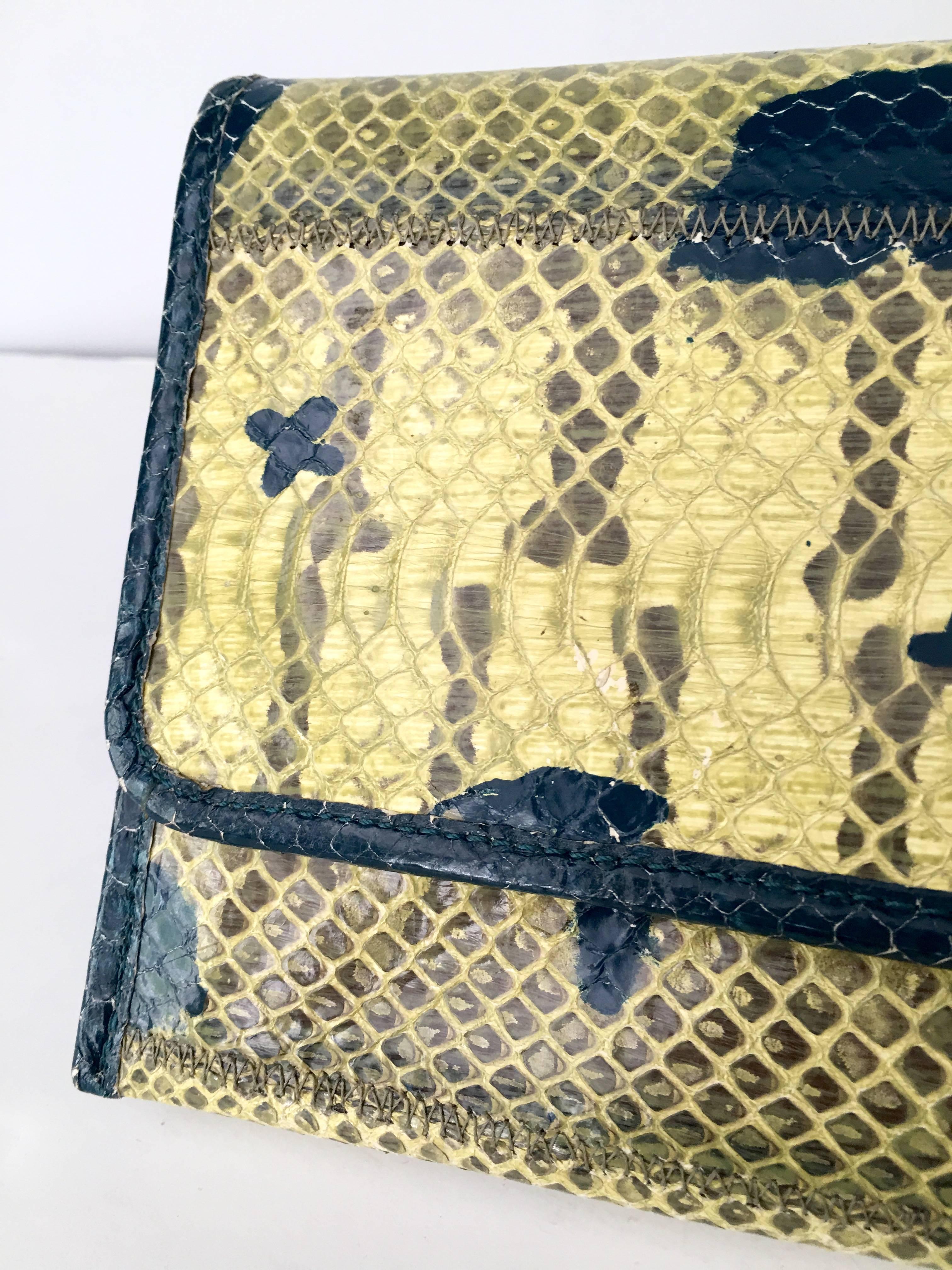 Vintage Carlos Falchi Hand-Painted Python Skin Clutch Handbag In Excellent Condition In West Palm Beach, FL