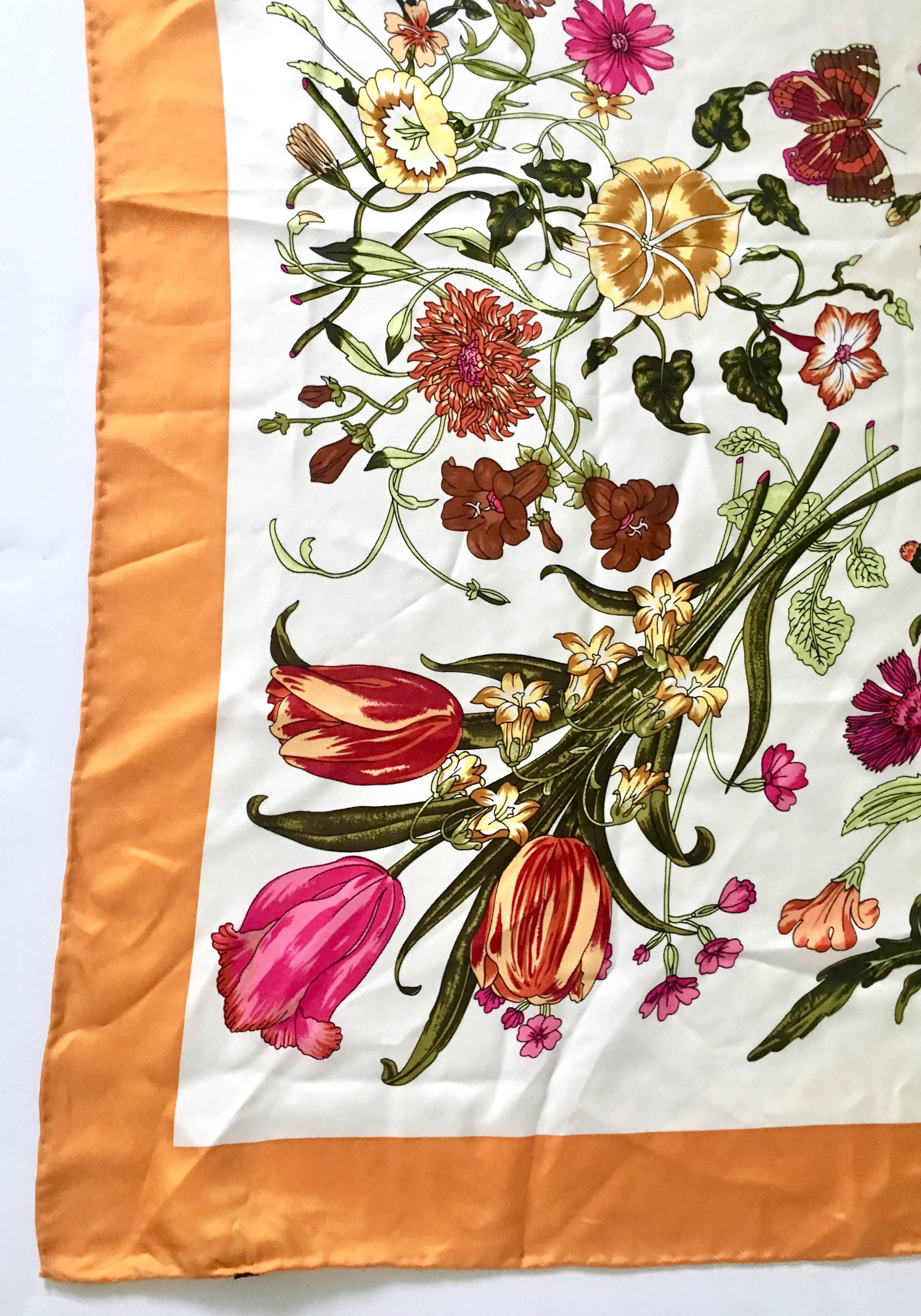 Beige Vintage Gucci Style Silk Marigold Floral Scarf -Italy
