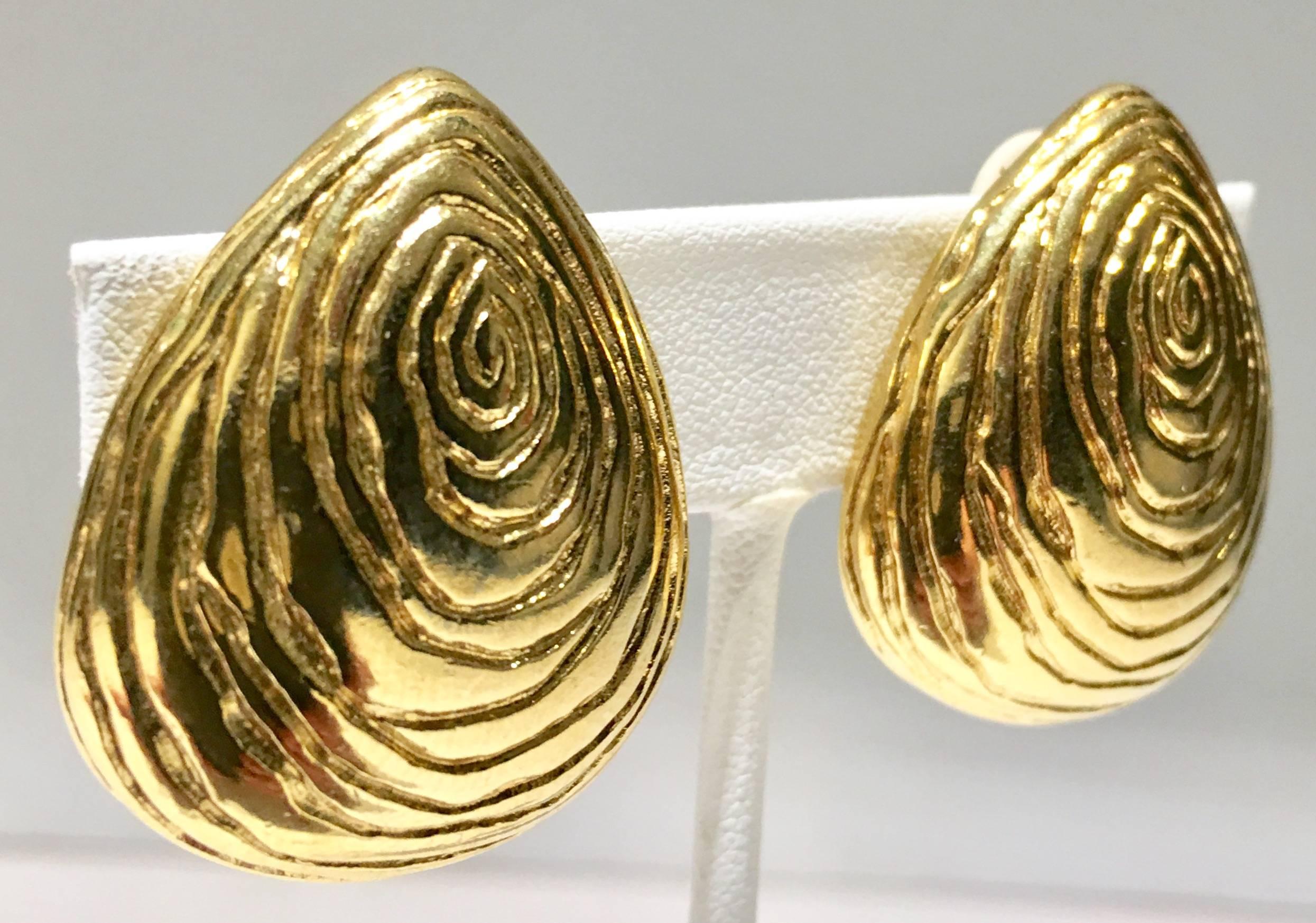 Modern 80'S Gold Plate Organic Form Fuax Bois Earrings By, Givenchy