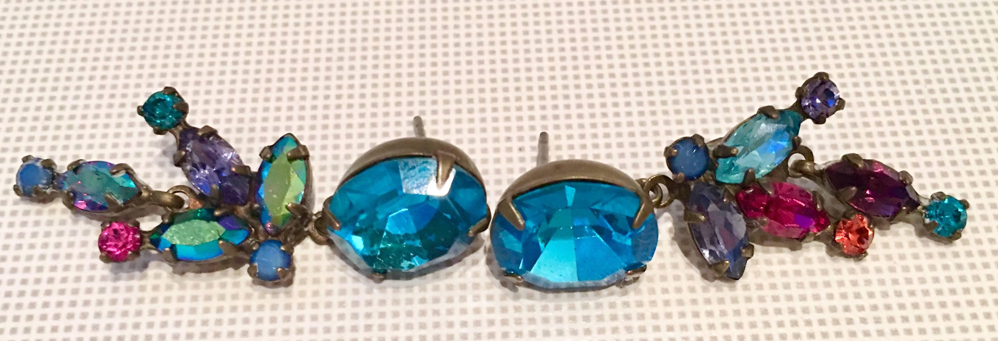 80'S Antique Bronze & Blue Topaz Swarovski Crystal Earrings By, Sorrelli In Excellent Condition In West Palm Beach, FL