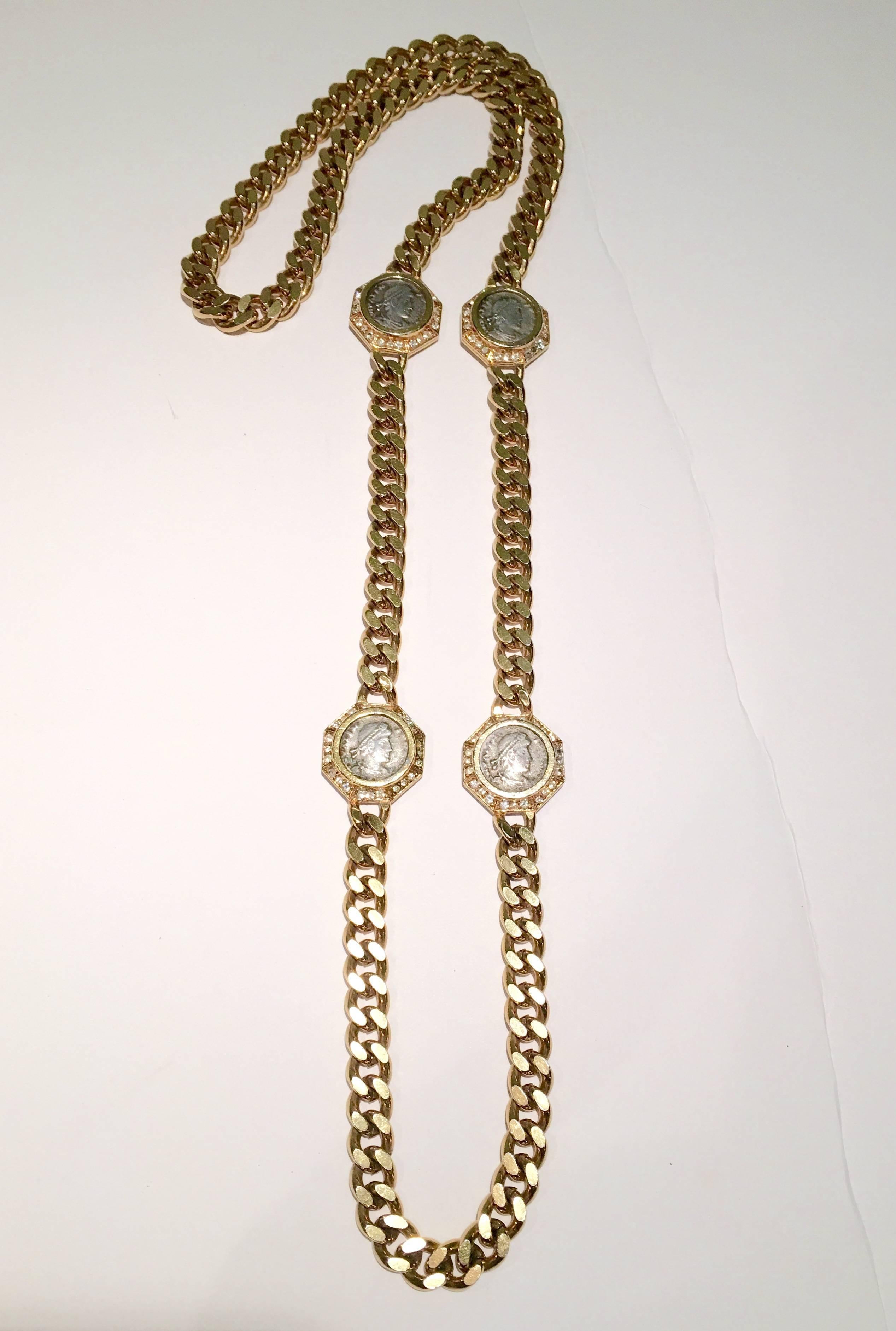 1970'S Ciner Gold Plate and Crystal Rhinestone Ancient Roman Coin Necklace In Excellent Condition In West Palm Beach, FL
