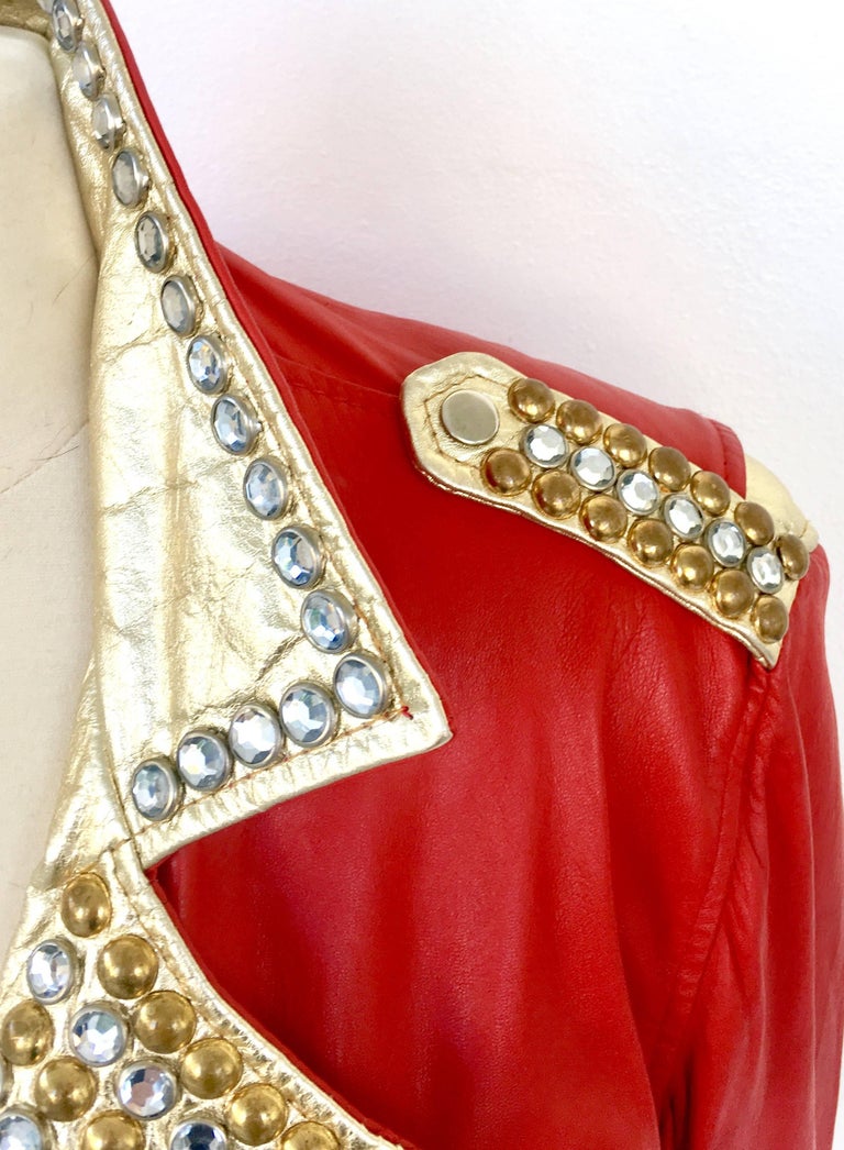 Vintage Red Leather and Metallic Stud Motorcycle Jacket ...