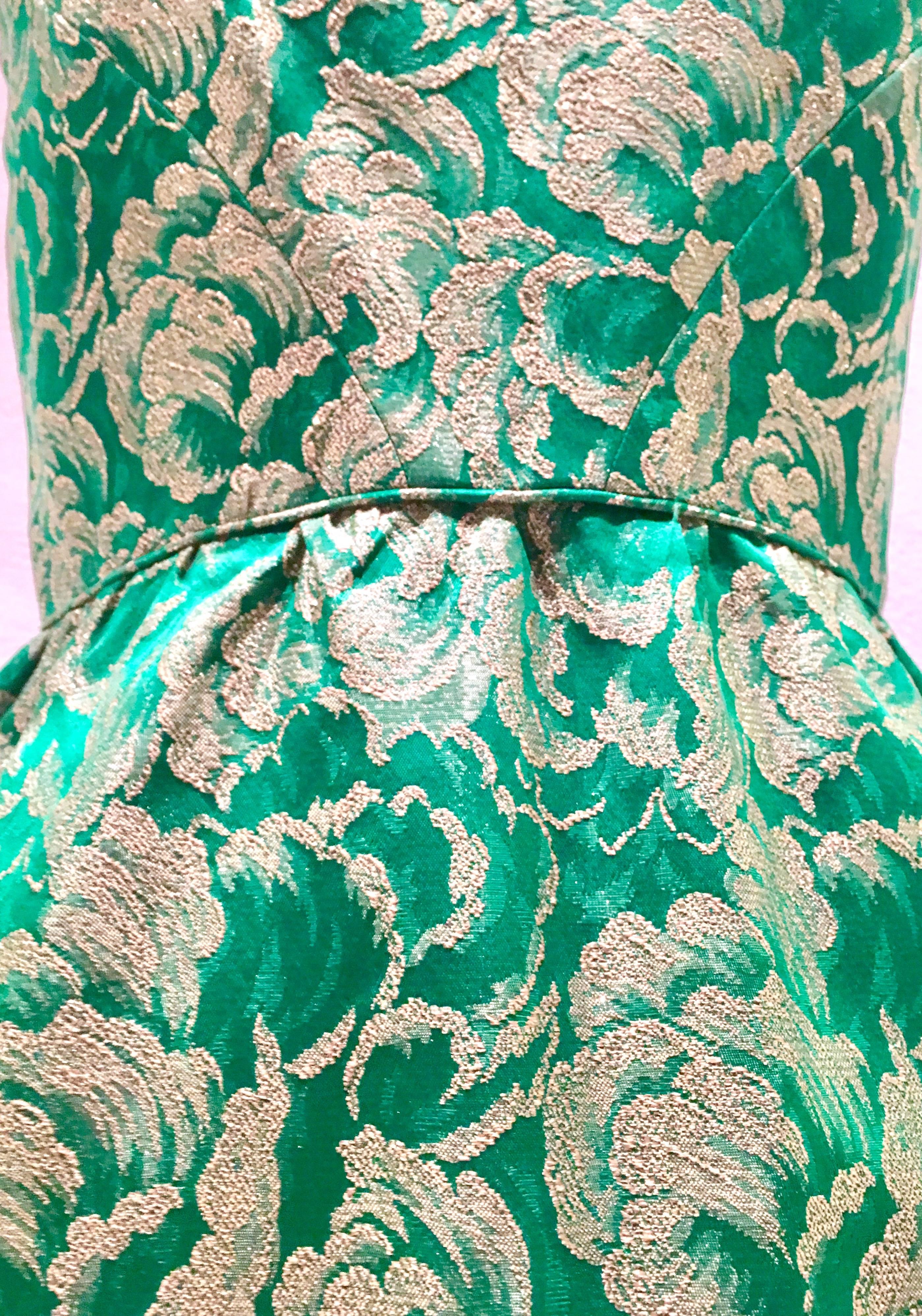 60'S Green & Gold Metallic Brocade Full Length Cocktail Dress 3