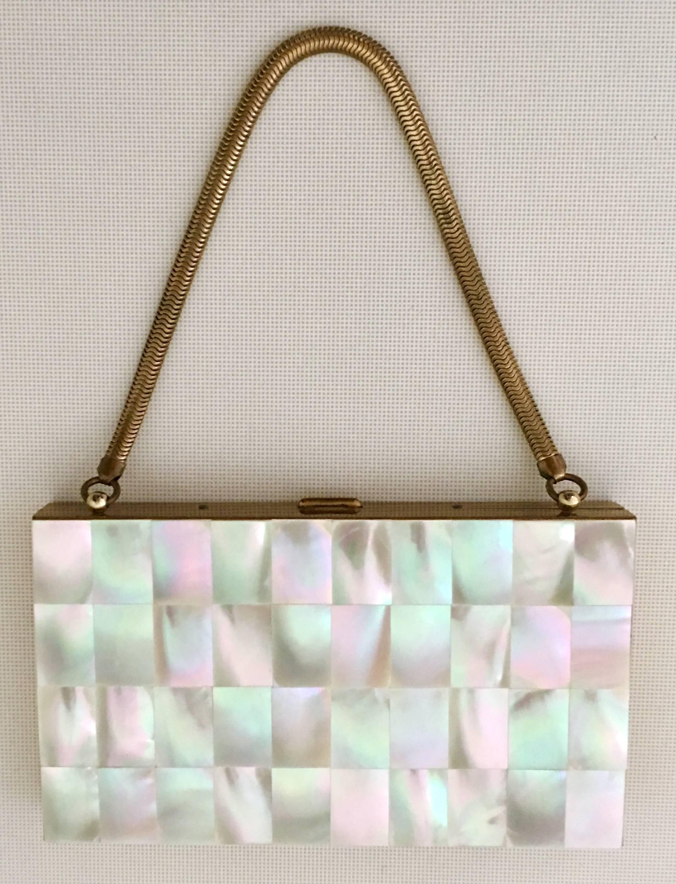 Women's or Men's 1940'S Mother Of Pearl & Brass Minaududiere Compact-Evening Bag.