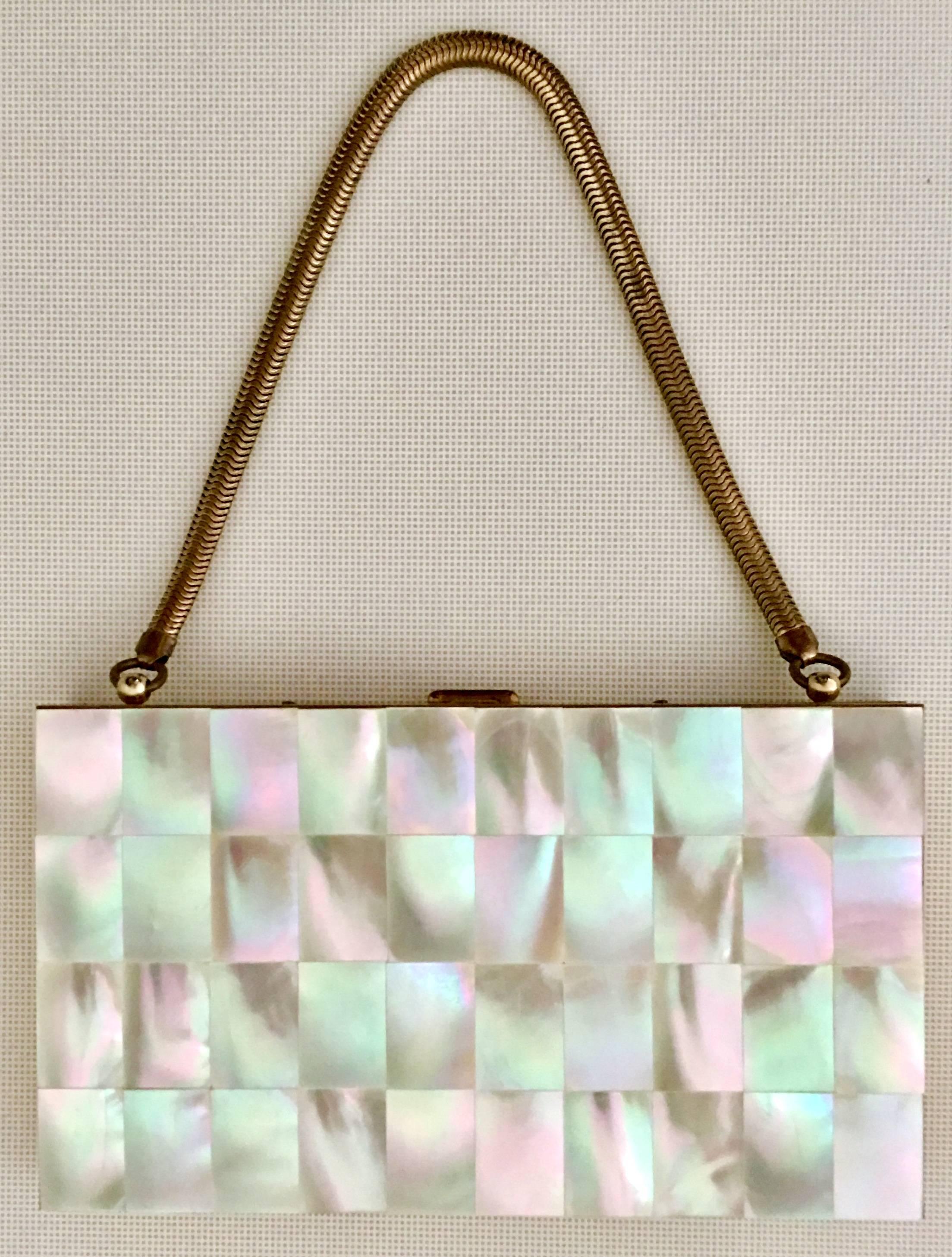 1940'S Mother Of Pearl & Brass Minaududiere Compact-Evening Bag.  In Excellent Condition In West Palm Beach, FL