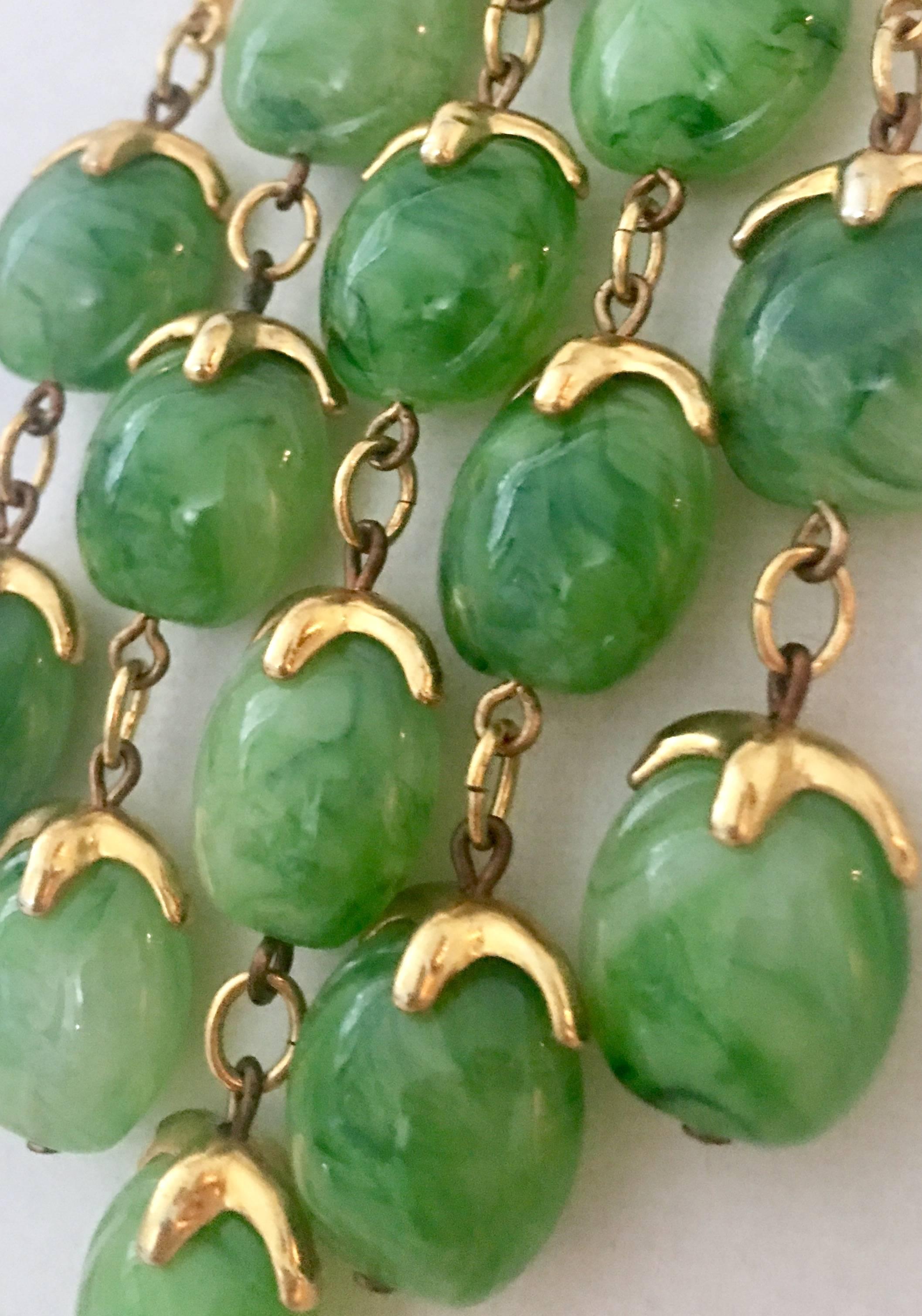 Women's or Men's Crown Trifari Gold and Glass Jade Triple Strand Pendant Necklace, 1960s