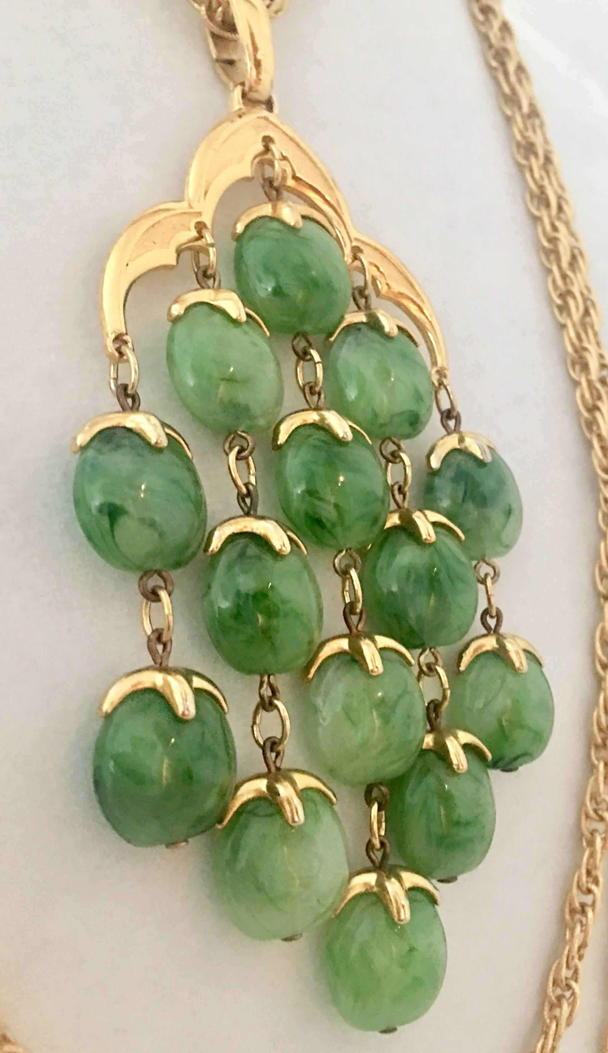 Crown Trifari Gold and Glass Jade Triple Strand Pendant Necklace, 1960s 1