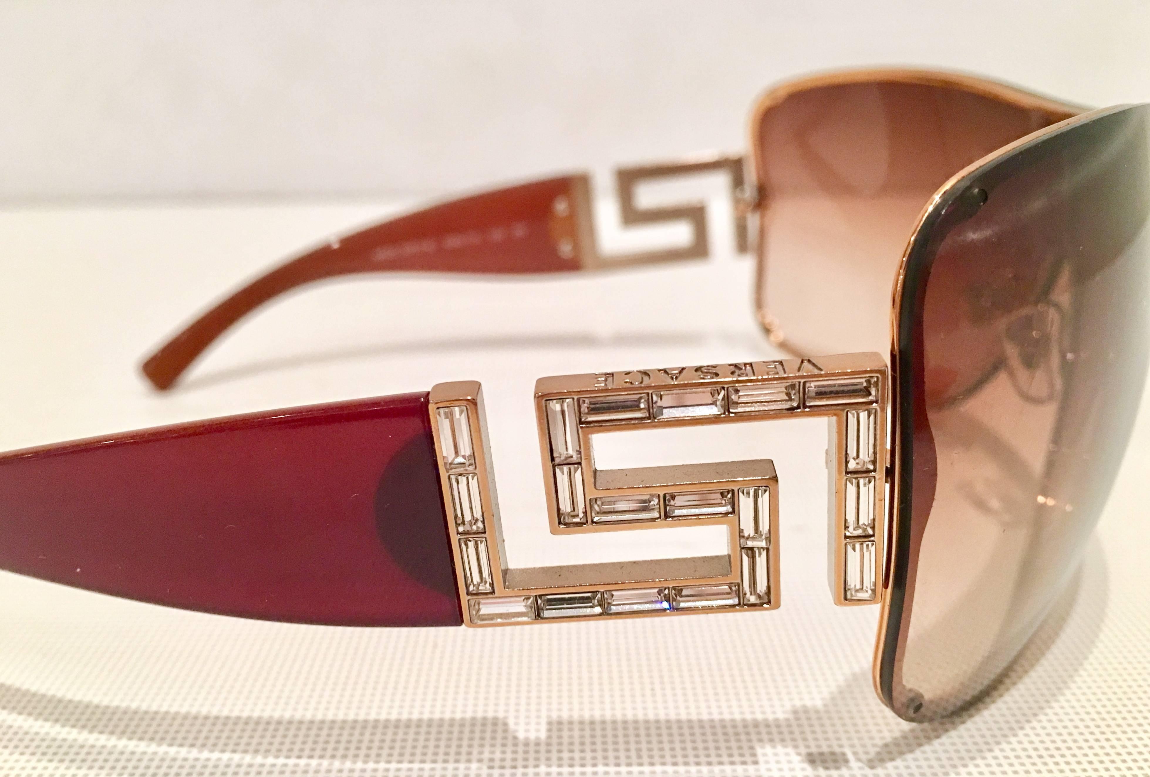 Brown Contemporary Versace Crystal Embelisshed Greek Key Sunglasses