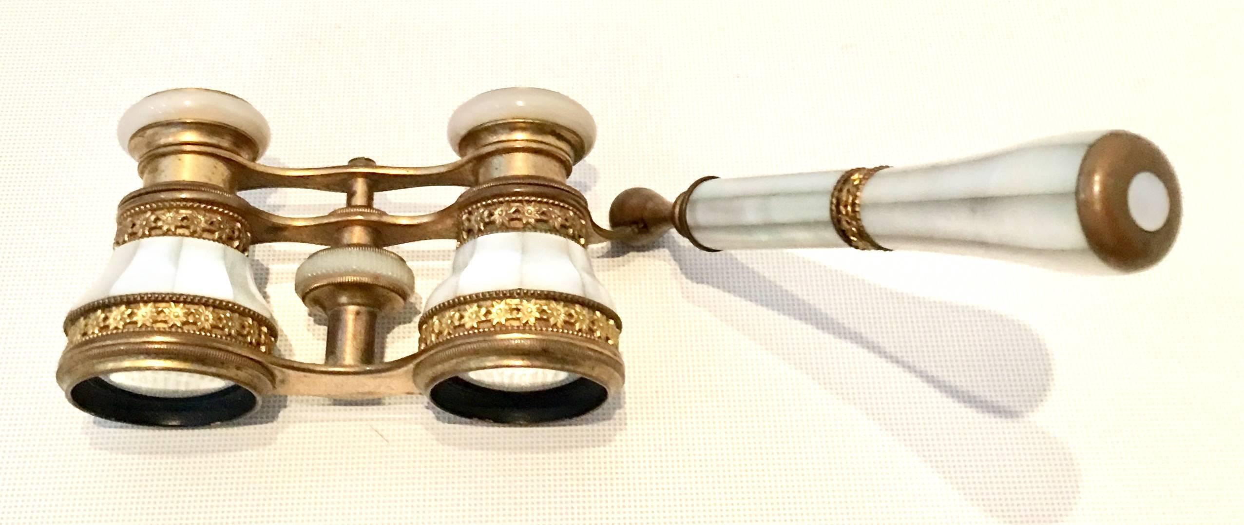 Brown 19th Century French Mother Of Pearl and Bronze Dore Opera Glasses