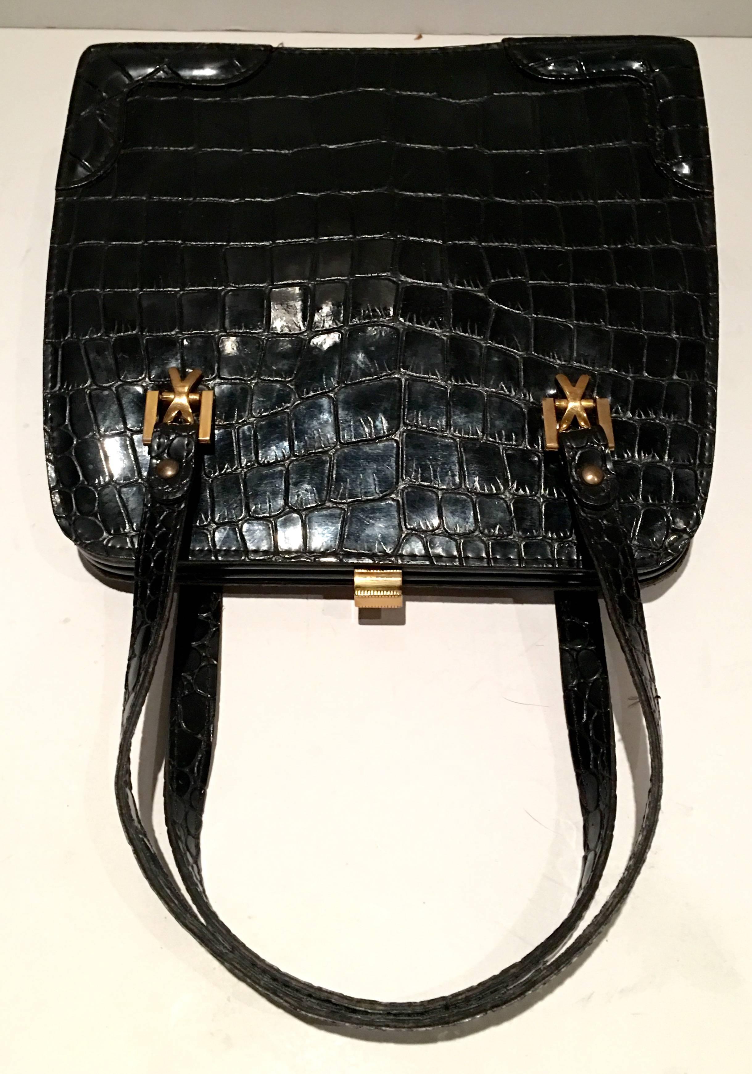 Black 1950'S French Leather Crocodile Emobssed Handbag By, Dofan