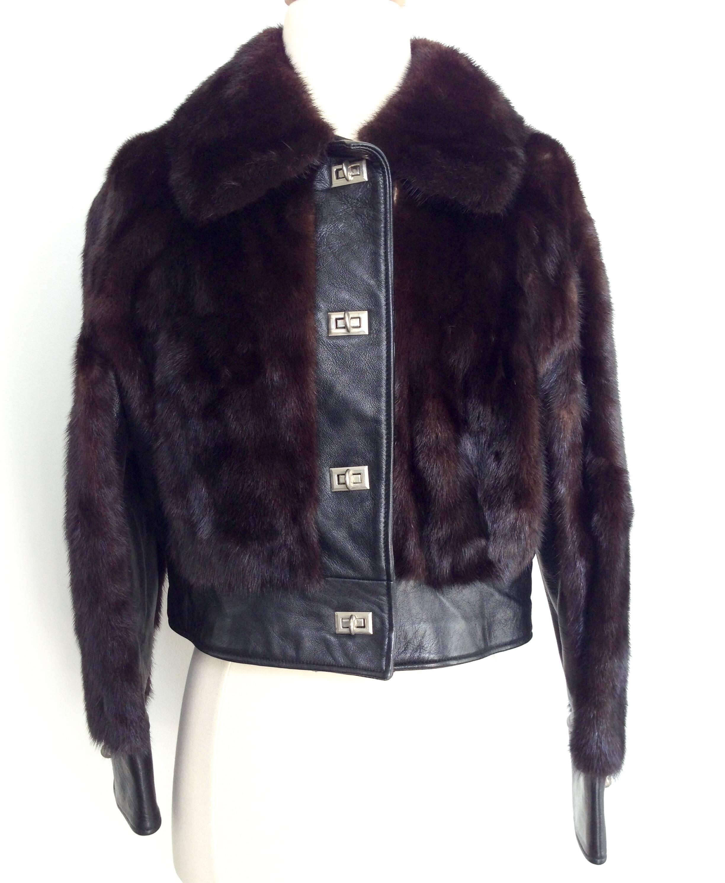 1970'S MOD Gucci Style Mink Fur & Leather Silver Chrome Toggle Convertible Two Piece Full Length Coat Or Bomber Jacket. Features, chocolate brown mink fur and leather panel design with silver chrome toggle hardware. This rare coat converts to a