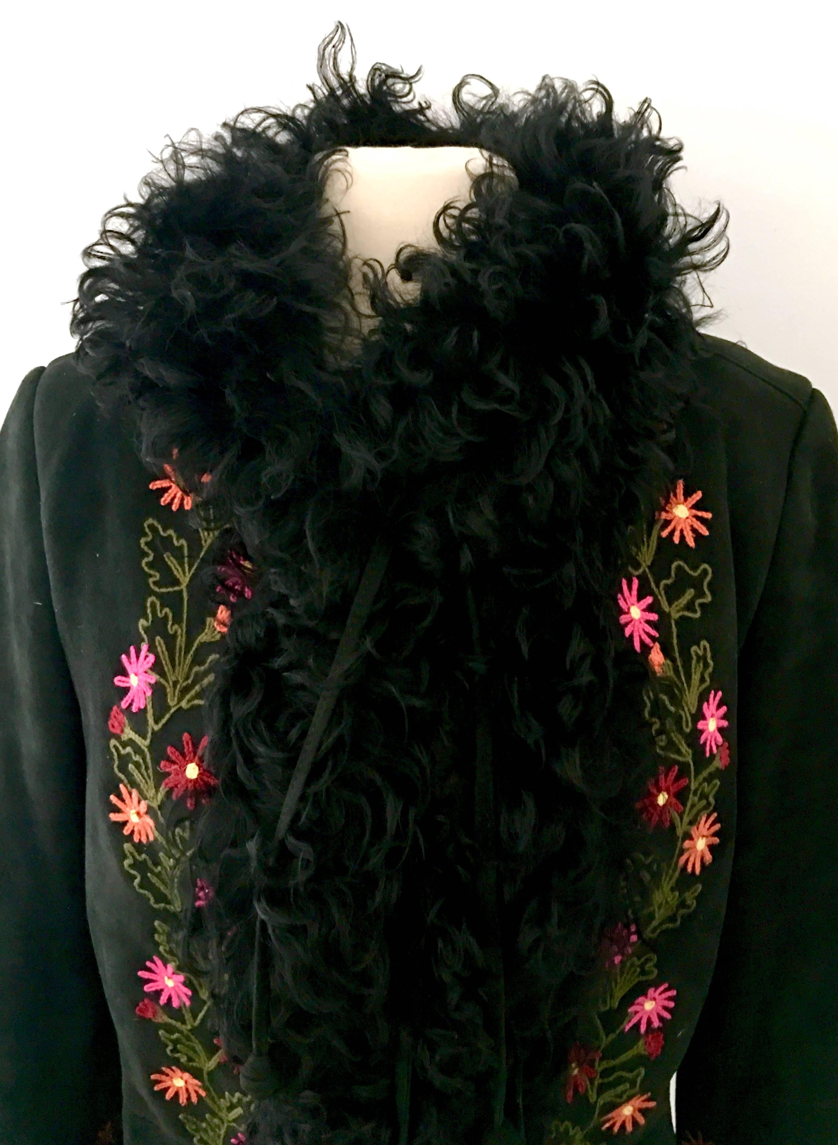 Black 20th Century Shearling & Curly Mongolian Fur Embroidered Coat By, Christia