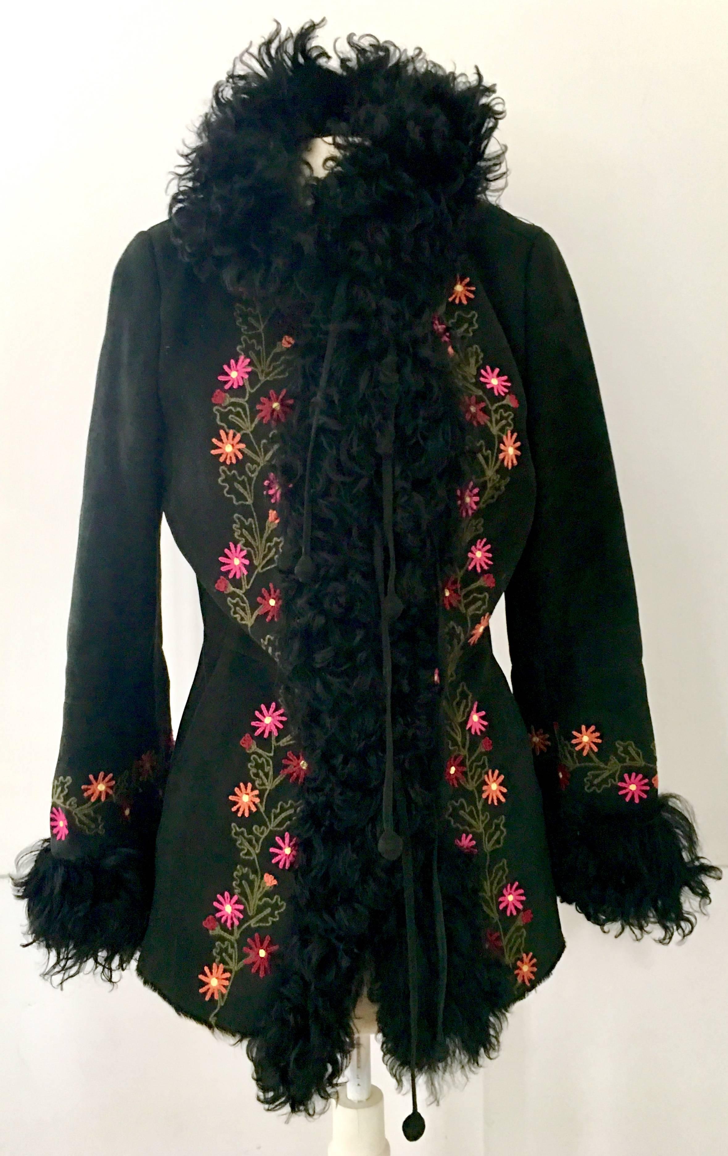 20th Century Fantastic & Pristine Italian Contemporary Black cut leather shearling with Black Curly Mongolian detail and vibrant colored embroidered flower motif coat. This form fitted piece features fine leather suede with high quality curly