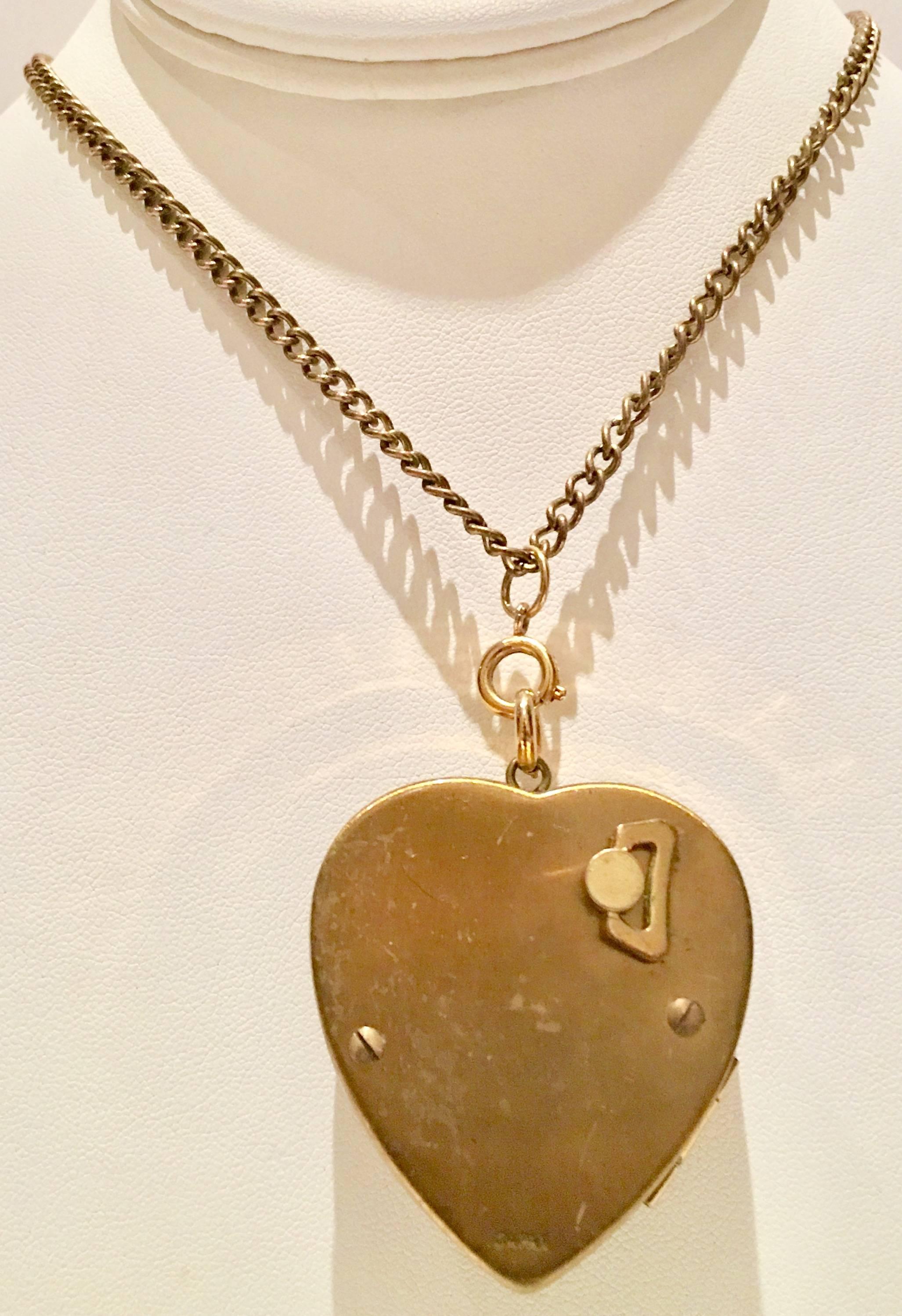 1950'S Brass Heart Locket Music Box Pendant Necklace 1