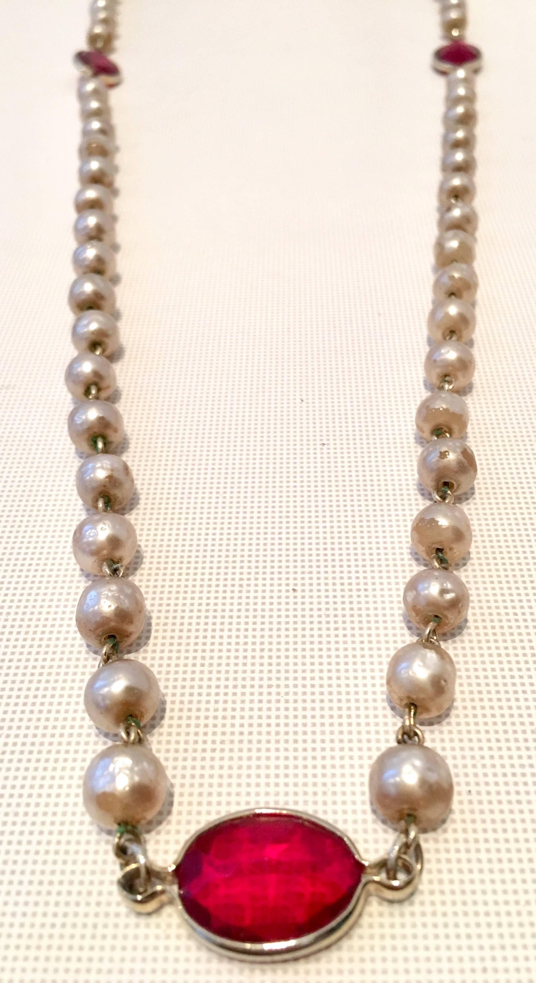 Women's or Men's Vintage Faux Baroque Pearl Bead and Art Glass Opera Length Necklace by Coro