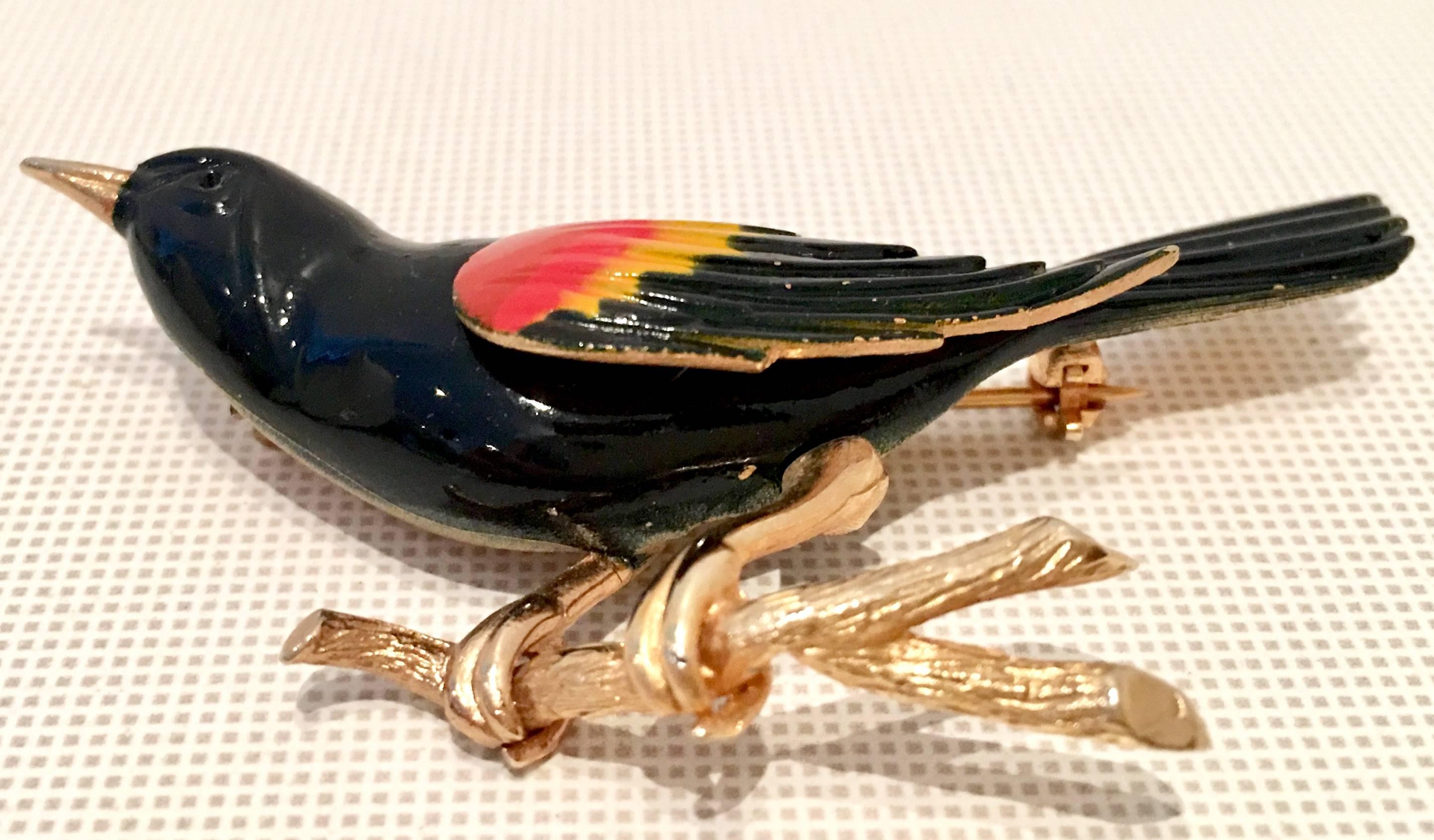60'S Gold & Enamel Bird On A Branch Brooch By, Weiss In Good Condition In West Palm Beach, FL