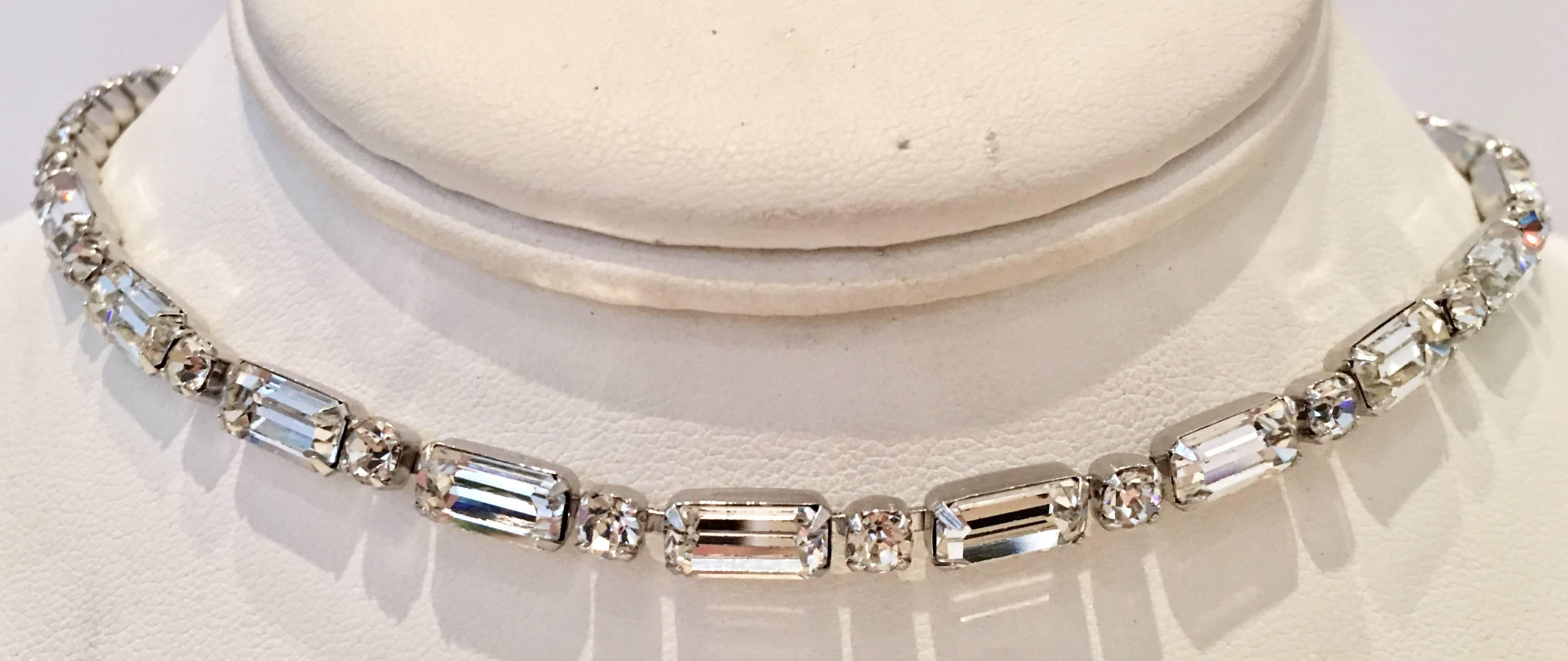 Classic & Brilliant Swarovski Crystal Clear Cut & Faceted Rhinestone Choker Necklace By, Weiss. This brilliant crystal cut baguette and round stone necklace is set in silver rhodium plate non tarnish metal and features a jeweled hook adjustable